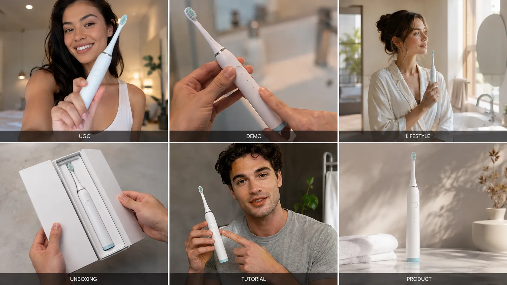 Create a premium 16:9 final showcase of AI-generated ecommerce advertisements. Use the same wireless electric toothbrush across six polished advertising scenes arranged as a sophisticated contact sheet: 1. UGC creator recommendation 2. Product demonstration close-up 3. Lifestyle bathroom scene 4. Unboxing moment 5. Creator tutorial 6. Premium product beauty shot Every scene should look like a frame taken from a real commercial video. Keep the product recognizable and visually consistent across all six scenes while changing the people, environments, camera compositions, and advertising concepts. Use realistic commercial photography, natural human expressions, believable hands, professional lighting, sophisticated ecommerce aesthetics. Arrange the six scenes in a clean 3×2 grid with thin spacing and minimal labels. Small labels only: UGC / DEMO / LIFESTYLE / UNBOXING / TUTORIAL / PRODUCT. No diagrams, no framework, no charts, no fake UI, no logos, no excessive text.