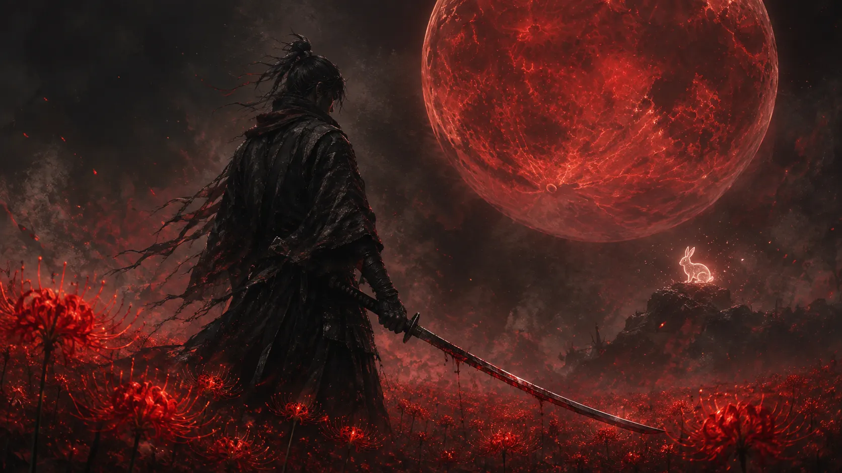 Dark Souls-inspired grimdark art, a lone ronin warrior standing amidst a field of glowing red spider lilies, holding a blood-stained katana, a massive eerie blood-red moon looming in the smoky sky, glowing moon rabbit in the distance, somber and intense atmosphere, melancholic, cinematic masterpiece, Steam header.