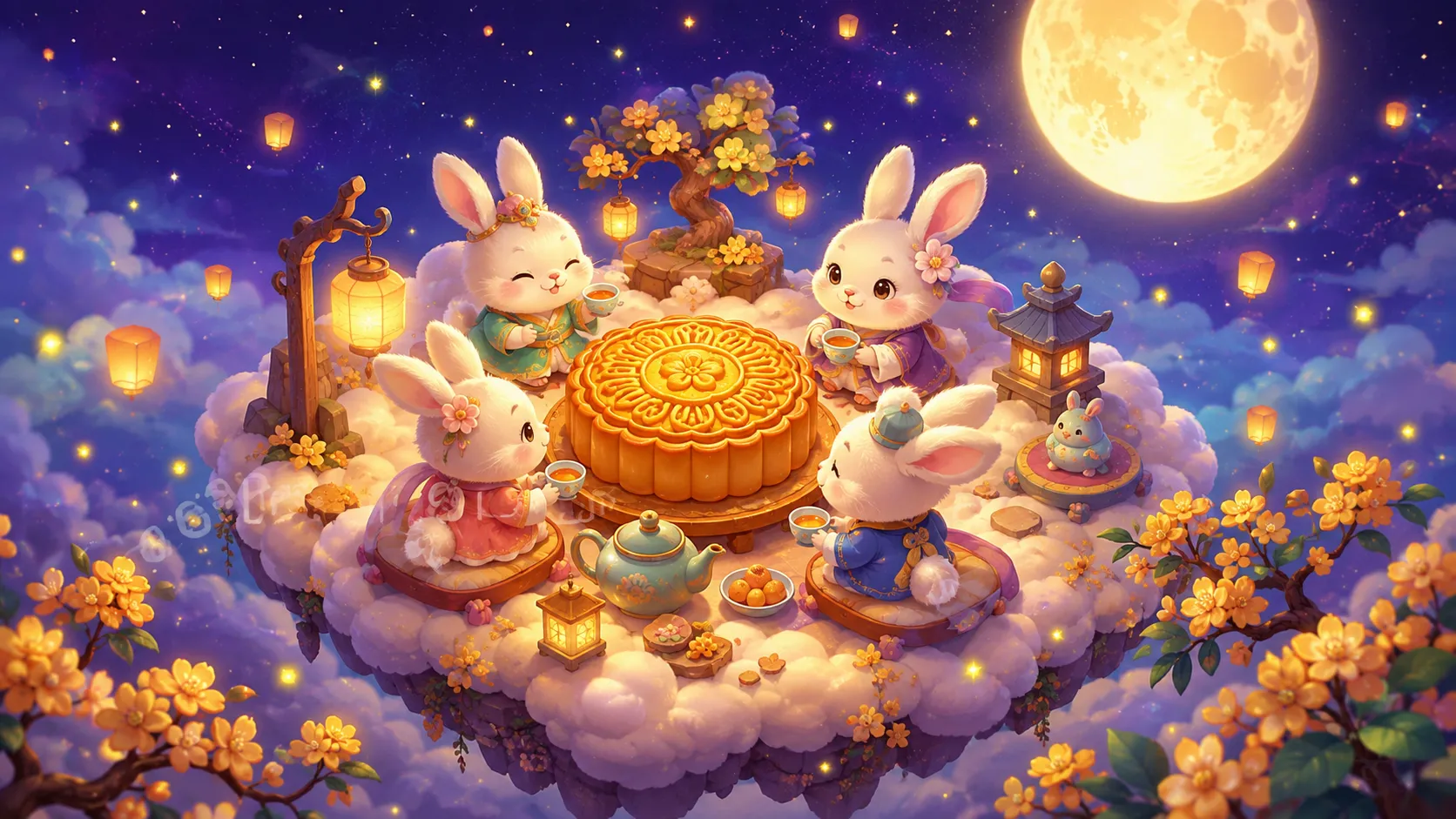 Cozy simulation game art, adorable anthropomorphic moon rabbits having a tea party on a floating island made of clouds, a large golden mooncake in the center, surrounded by glowing osmanthus flowers, cute and relaxing atmosphere, vibrant pastel colors, isometric view, detailed and charming, Steam capsule.