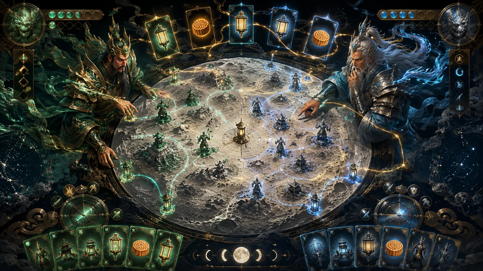 Turn-based strategy card game visual, two mythical generals playing a celestial board game on a map of the moon, cards depicting lanterns and mooncakes floating around, glowing strands of fate connecting the pieces, grand and mystical atmosphere, top-down perspective, detailed UI elements, sharp focus, Steam capsule art.