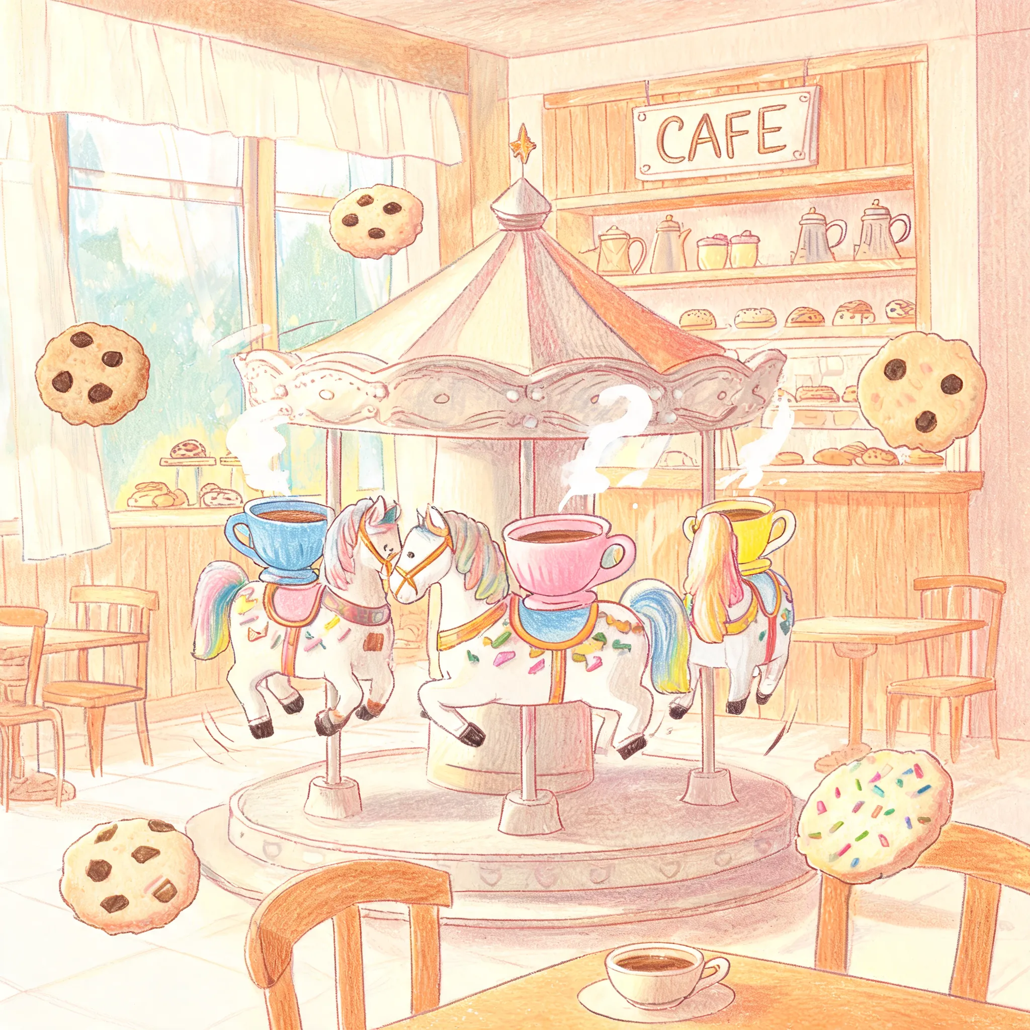 Cafe where teacups spin on carousel horses, floating cookies, whimsical colored pencil art
