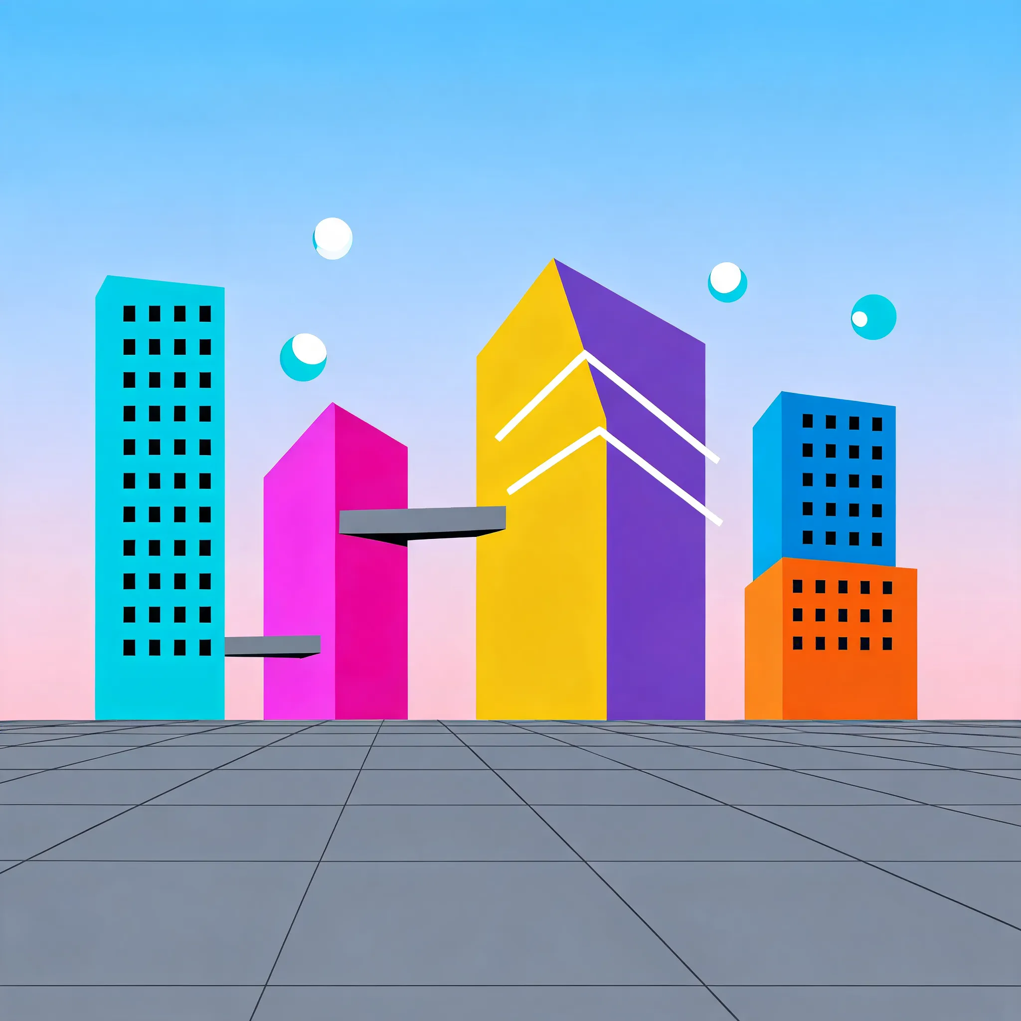 Flat vector illustration, geometric color blocks forming futuristic city