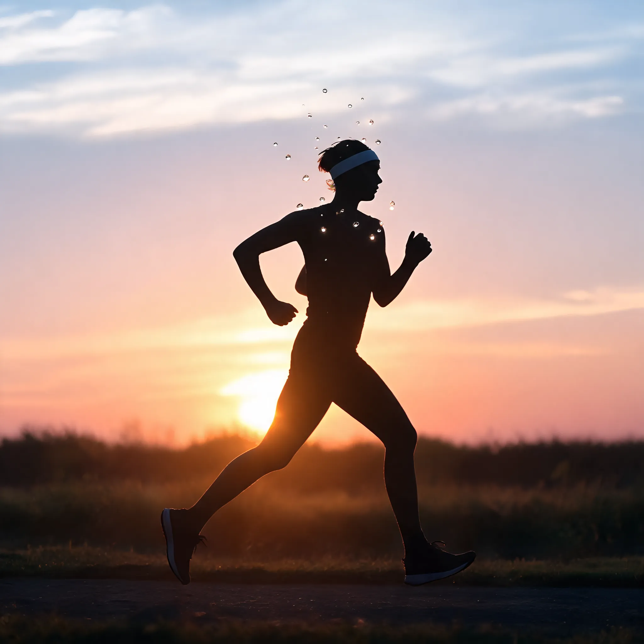 Morning jogger silhouette with backlight sweat droplets and sport headband