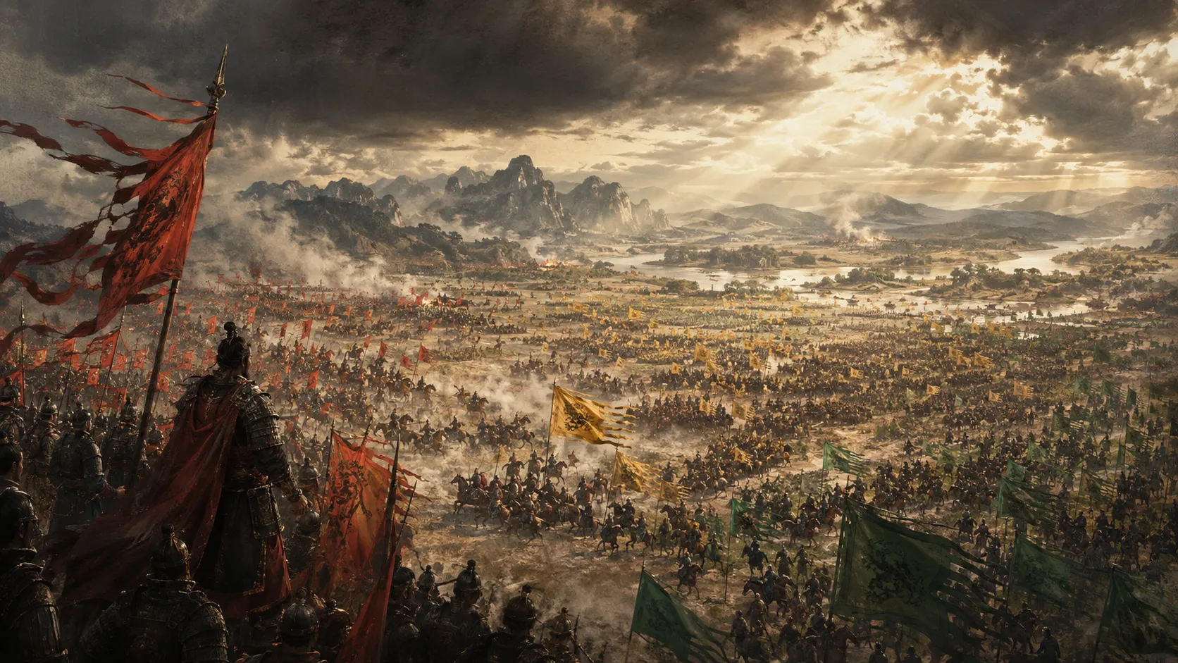 Epic panoramic view of massive armies clashing on the plains of ancient China, Total War: Three Kingdoms style, sweeping cinematic shot, thousands of soldiers with distinct Wu Xing color-coded banners (red, yellow, green), dynamic dust and smoke effects, dramatic lighting through clouds, rich ink-wash painting texture overlay, 8k resolution, hyper-detailed, game key art style.