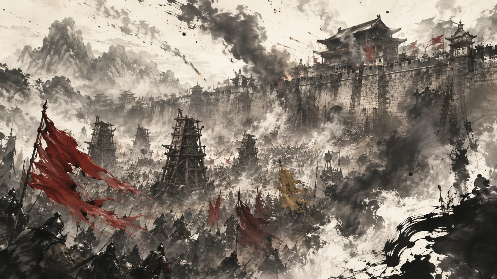 Dramatic scene of a siege battle, blending traditional Chinese ink-wash painting with photorealistic war elements, Total War: Three Kingdoms art direction, heavy use of negative space and flowing black ink, towering city walls under attack, siege towers and artillery, red and yellow banners contrasting with monochrome ink, ethereal and mystical atmosphere.