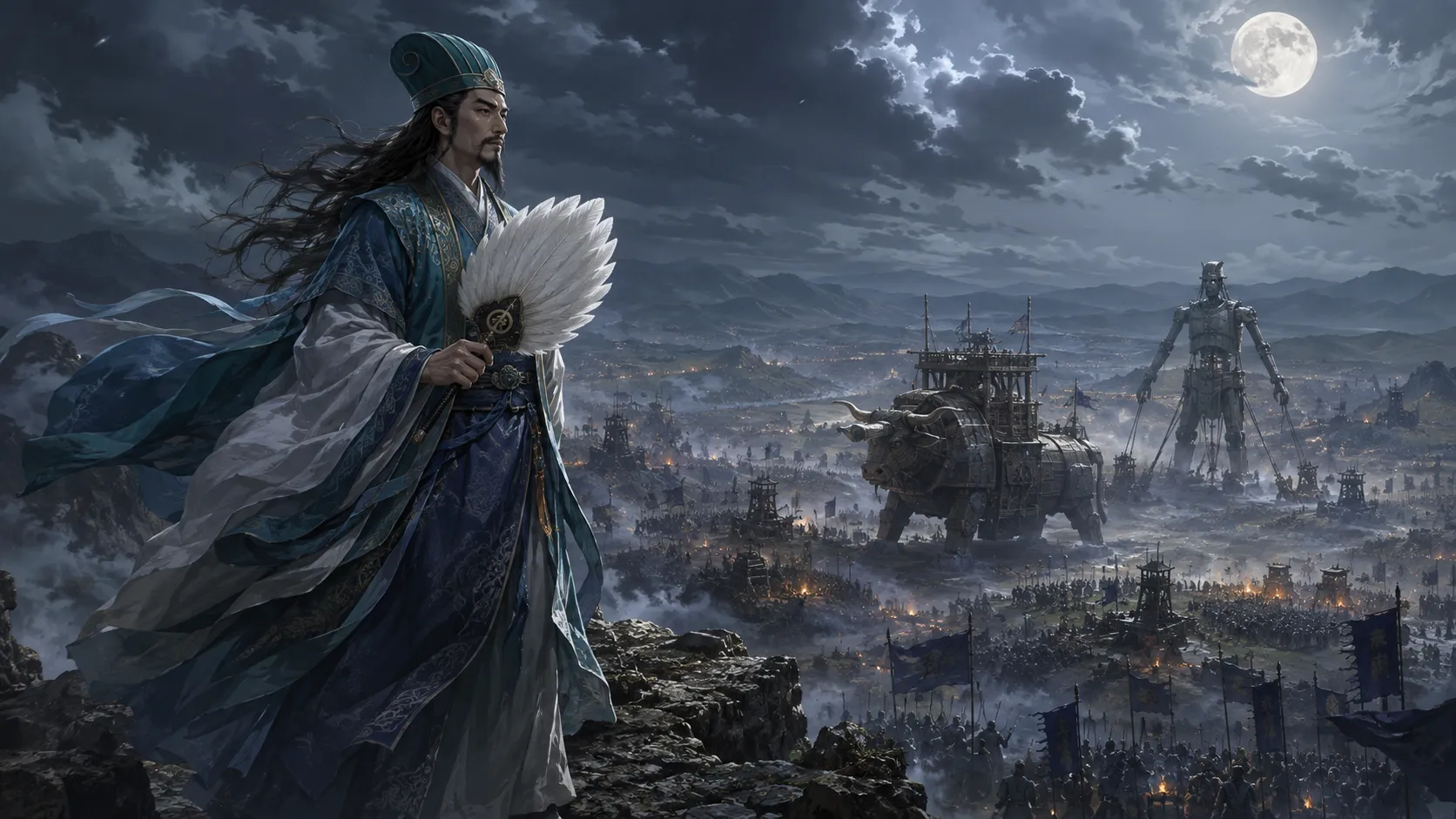 Zhuge Liang, the Sleeping Dragon, standing on a high cliff overlooking a vast battlefield, Total War: Three Kingdoms character art, serene yet strategic pose, holding a white feather fan, wearing intricate blue and green scholar robes, a giant wooden ox and mechanical puppet in the background, soft moonlight, painterly effect.