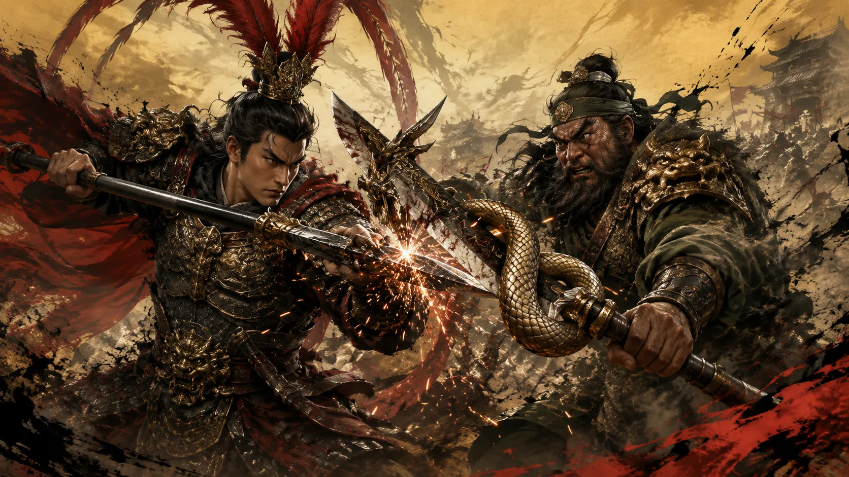 One-on-one duel between Lu Bu and Zhang Fei at Hulao Pass, cinematic action shot, total war three kingdoms steam art, intense close-up on weapons clashing, sparks flying, Lu Bu's iconic red headdress and elaborate armor, Zhang Fei's serpent spear, dynamic motion blur, stylized ink splashes, yellow and red color contrast.