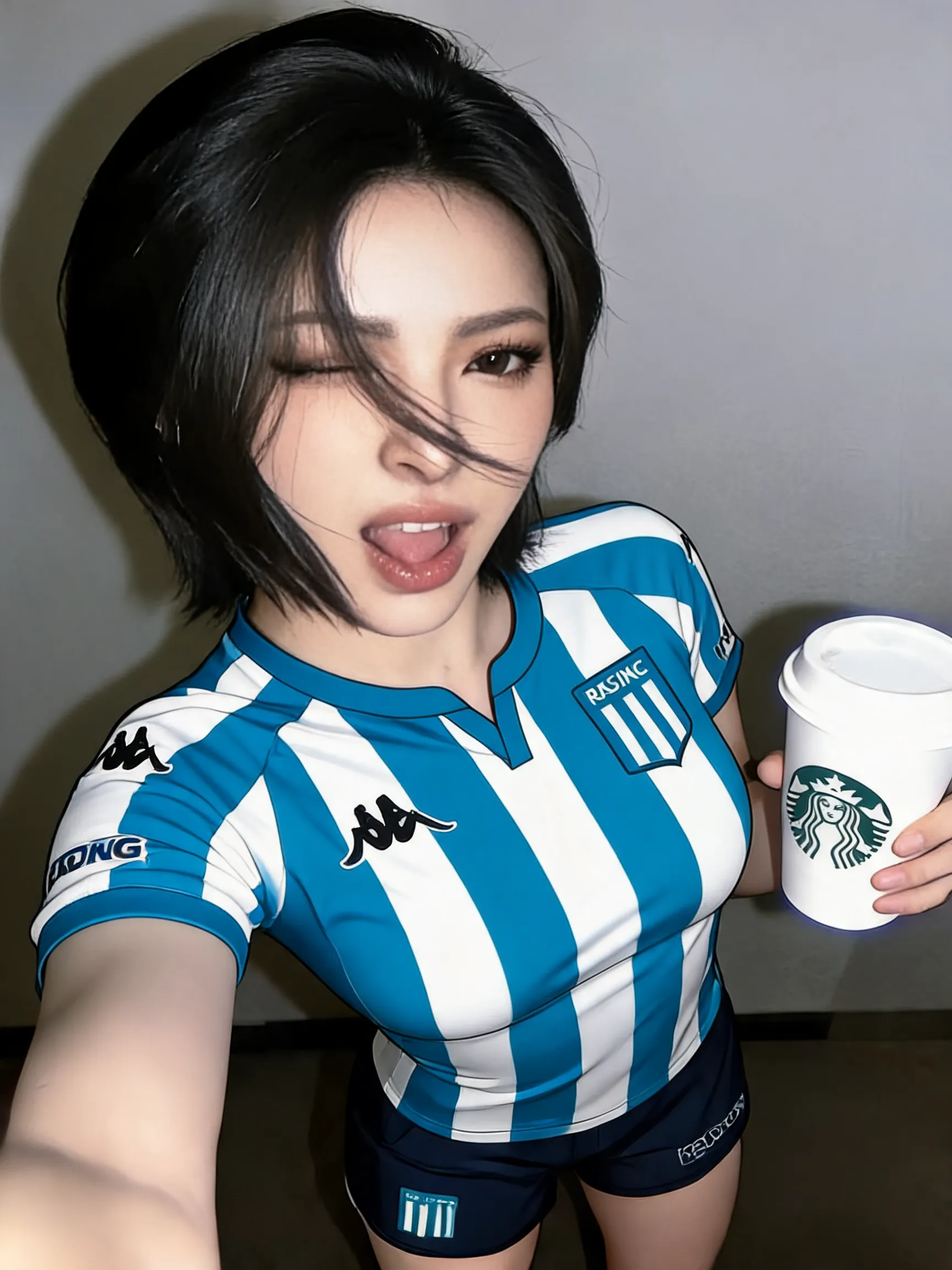 Replace only the shirt with the provided football jersey. Keep the person’s identity, facial features, hair, body proportions, skin, hands, pose, background, camera angle, lighting, shadows, and overall composition unchanged. Improve the image quality and facial clarity while preserving the person’s original appearance. Make the face sharper, more detailed and natural, with realistic skin texture and balanced lighting. Enhance the overall photographic quality, resolution, focus and realism without changing the person’s identity or body. Make the new football jersey look completely natural and realistically worn, with accurate proportions, fabric texture, stitching, folds, shadows and fit. Do not alter anything else in the image. Preserve the original composition and pose as closely as possible.