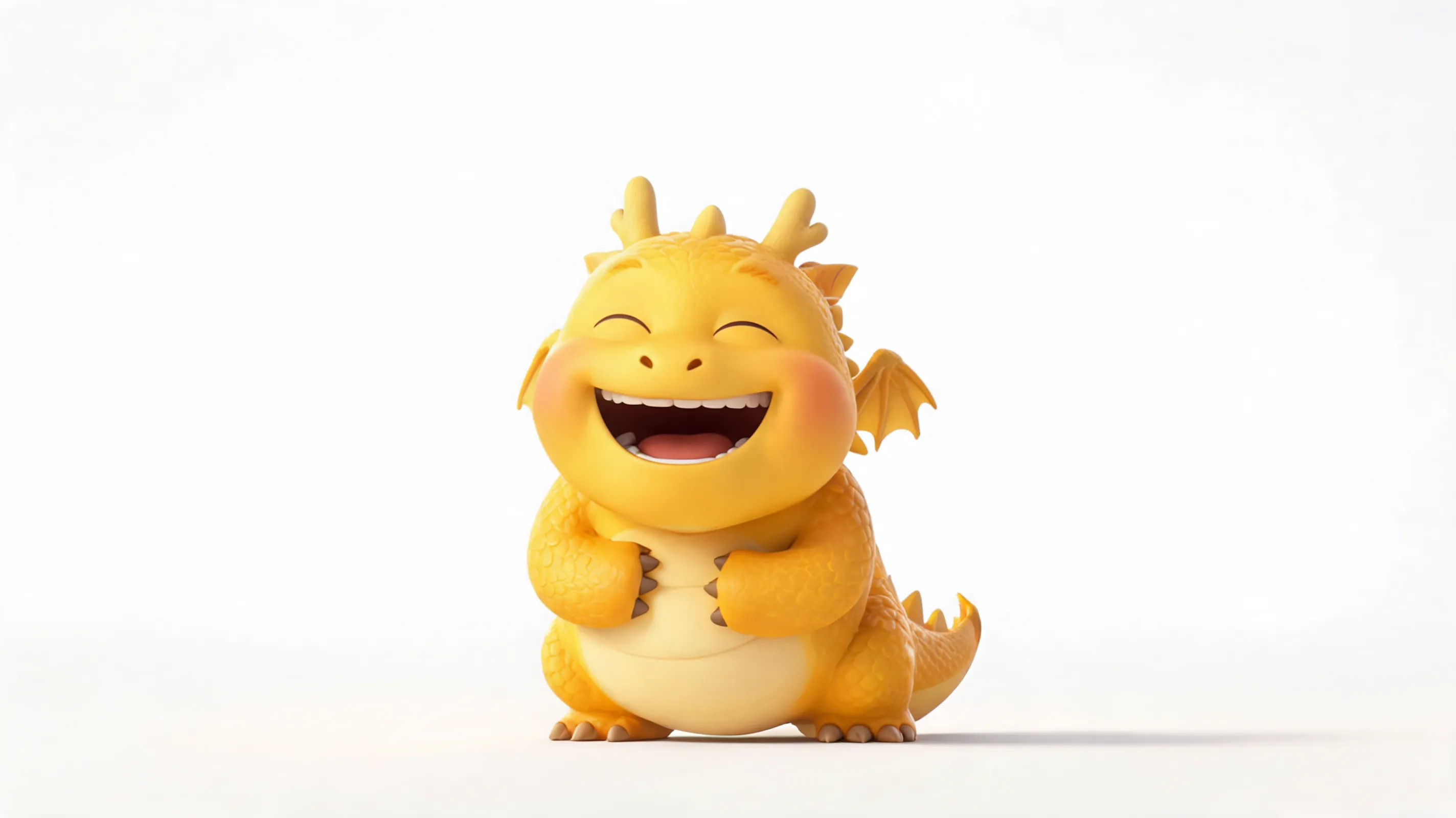 Chubby yellow cartoon dragon Nailong, laughing out loud, holding belly with both hands, body shaking with laughter, big smile with teeth showing, closed happy eyes, 3D pixar style, pure white background, studio lighting, cute and joyful atmosphere.