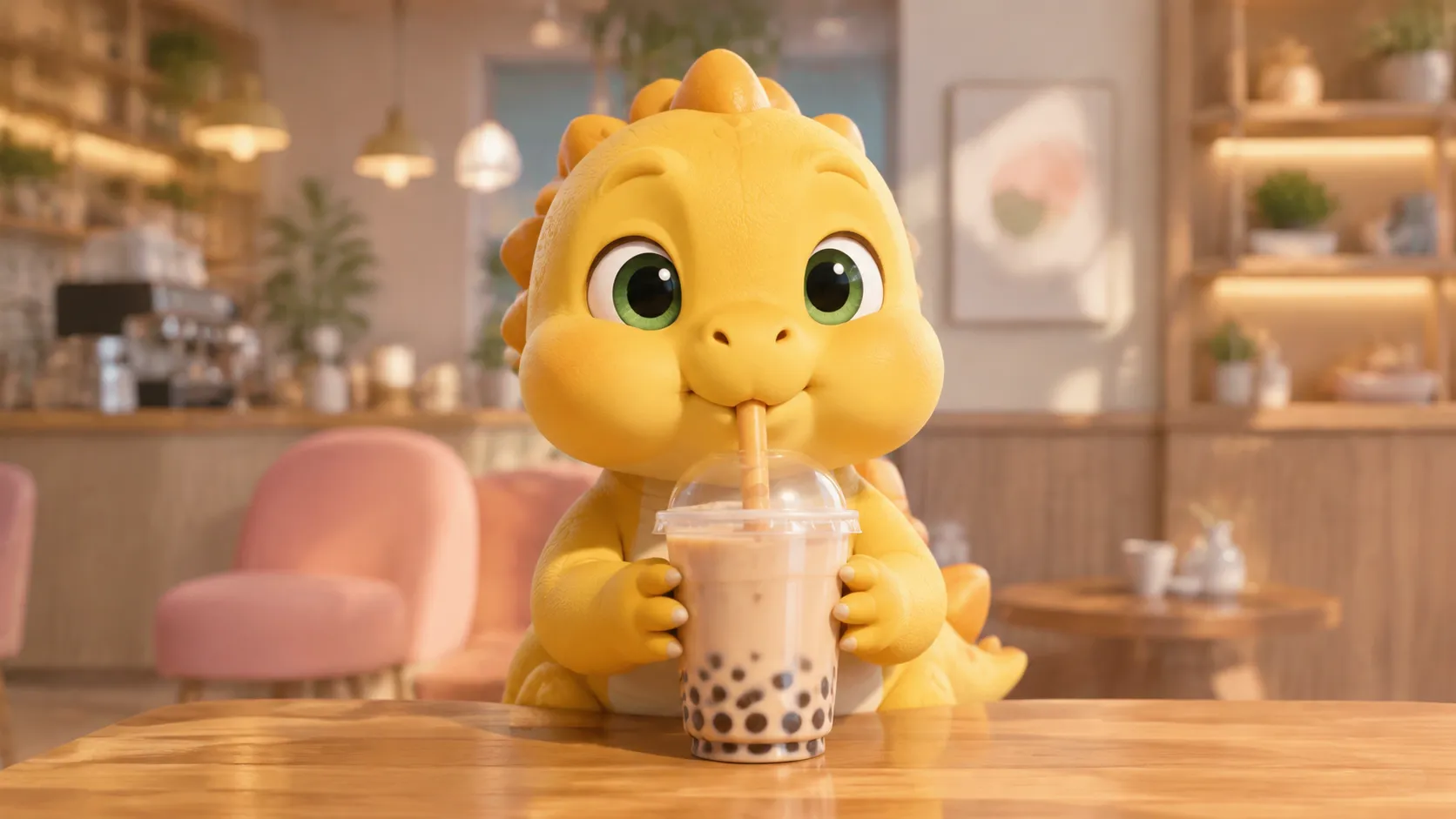 Nailong the yellow dinosaur, sitting at a wooden table, holding a large bubble tea with both paws, wide innocent green eyes, sipping from a straw, cheeks puffed out, adorable expression, modern Korean cafe background, soft pastel colors, cinematic lighting, 3D animation style.