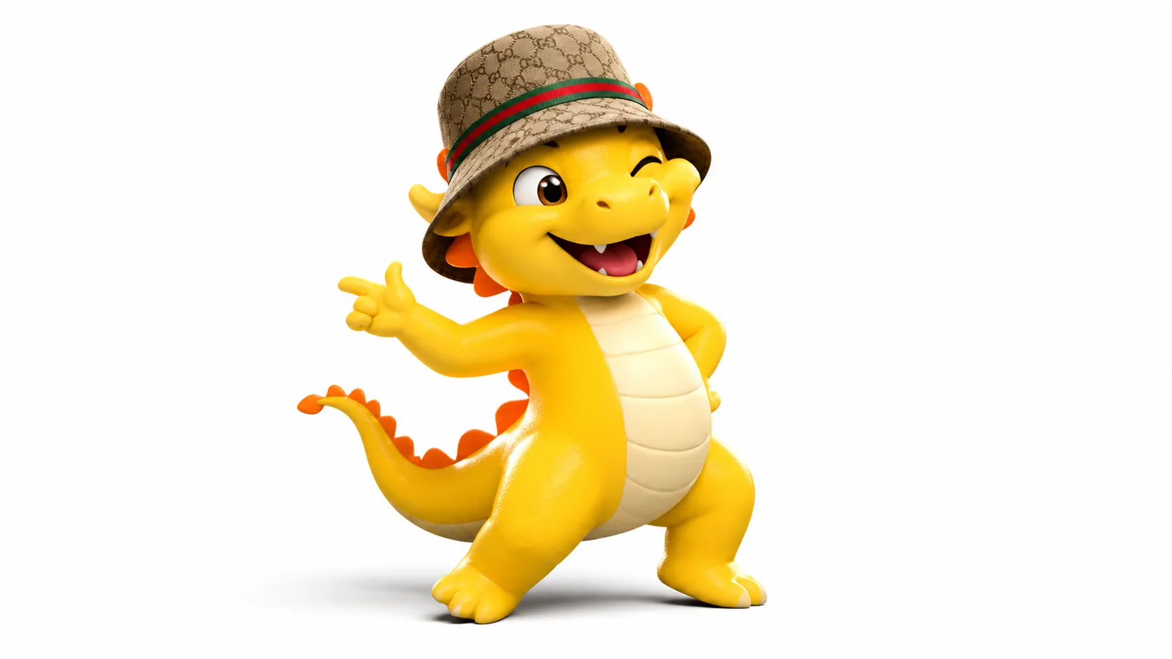 Nailong wearing a Gucci bucket hat, dancing with a sassy pose, hand on hip, winking at the camera, wide playful smirk, dynamic movement, whimsical mood, bright studio lighting, isolated on white background, high quality 3D render.