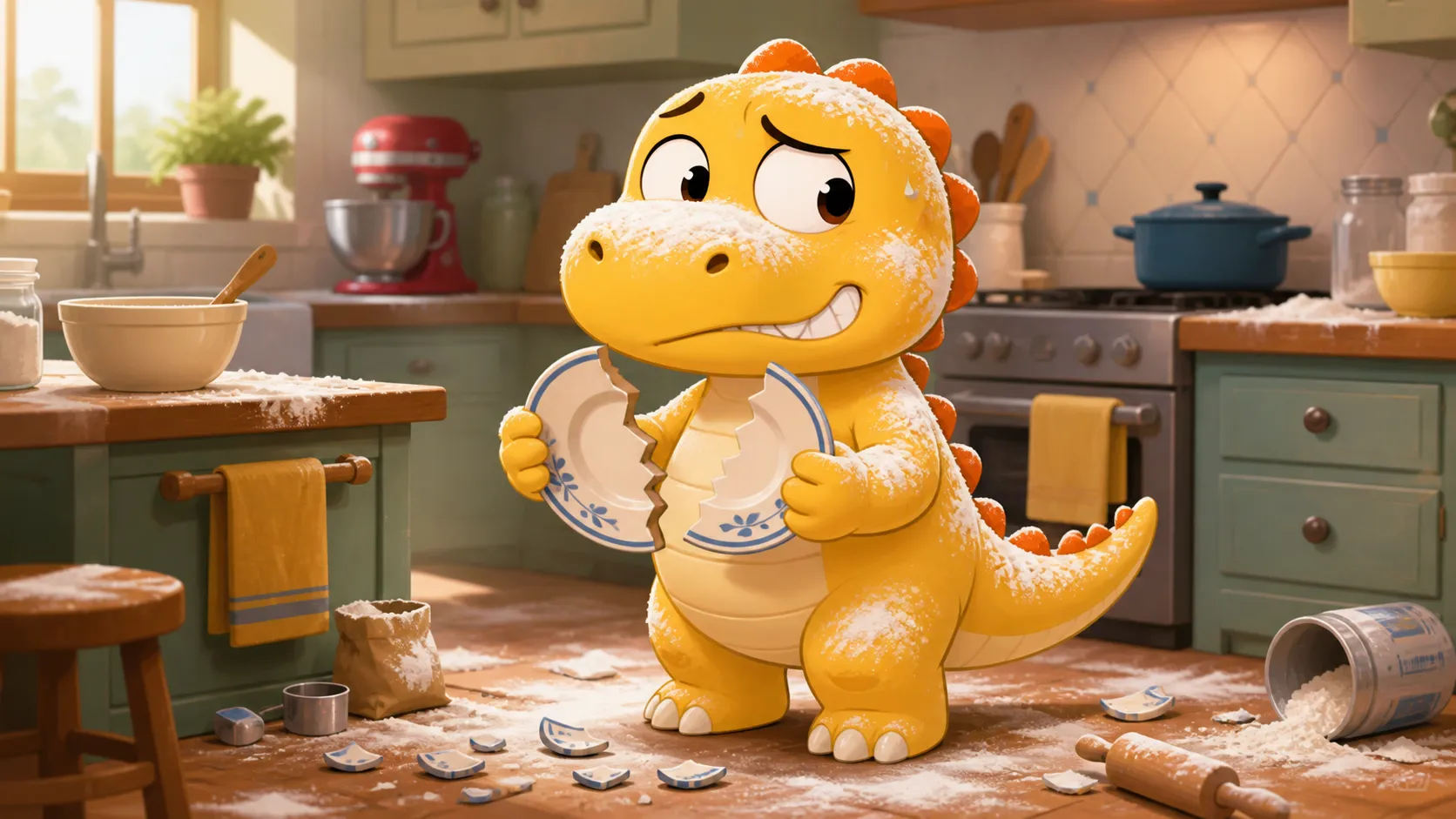 Nailong covered in flour, holding a broken plate, nervous sweat drop on forehead, awkward stiff smile, shifty eyes looking sideways, kitchen in the background, cartoon comedy scene, subtle lighting, expressive character acting.