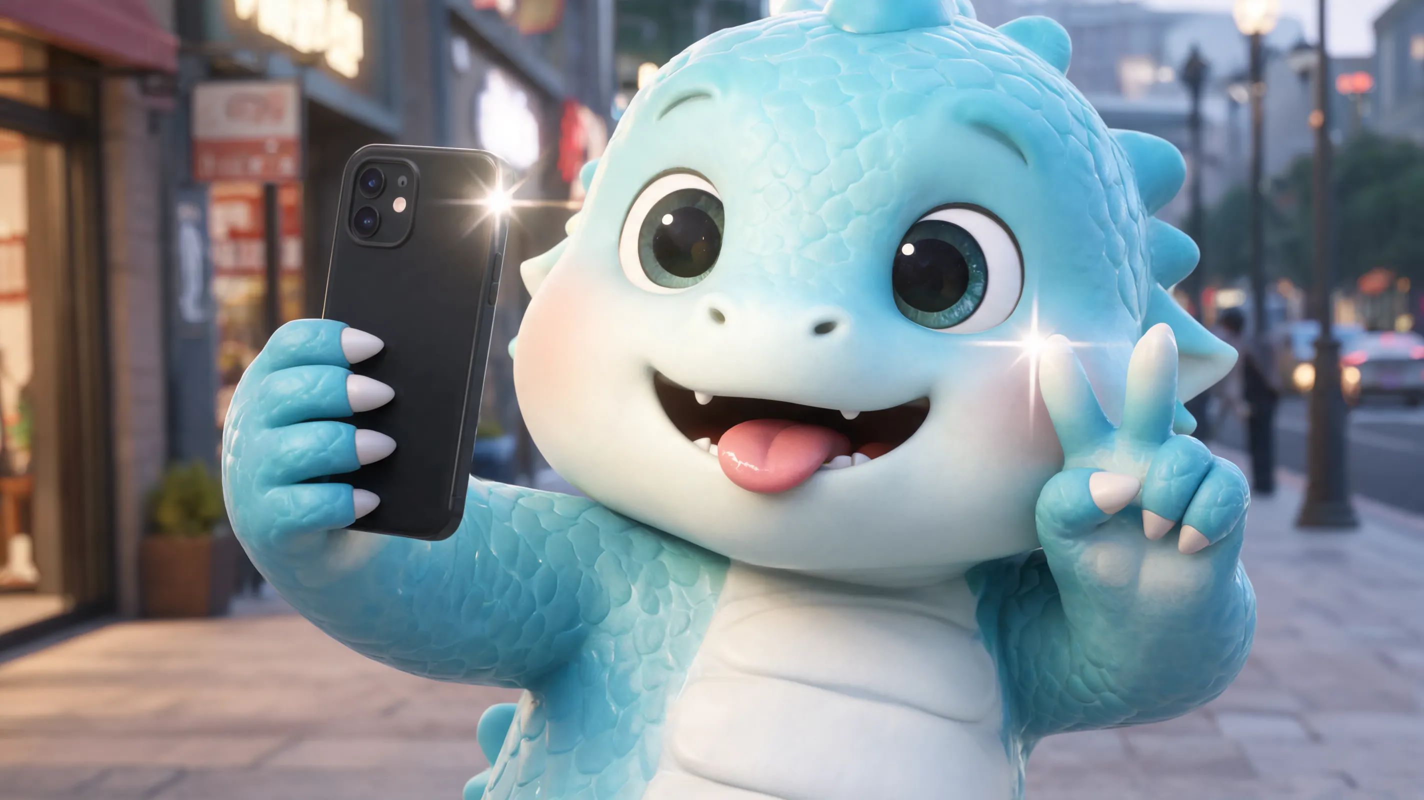 Nailong holding a smartphone taking a selfie, tongue sticking out slightly (blep), peace sign gesture, silly and cute expression, reflection of flash on face, casual street style background, dynamic pose, high fidelity 3D model.