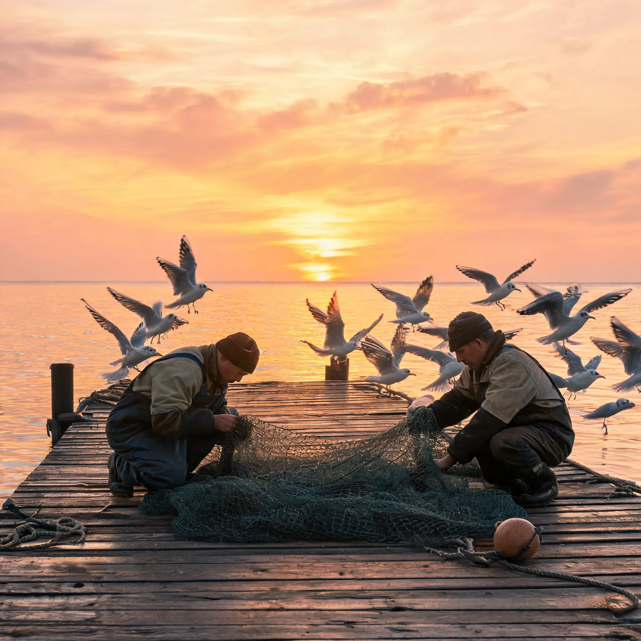 Seagulls startled by fishermen mending nets at dock during sunset