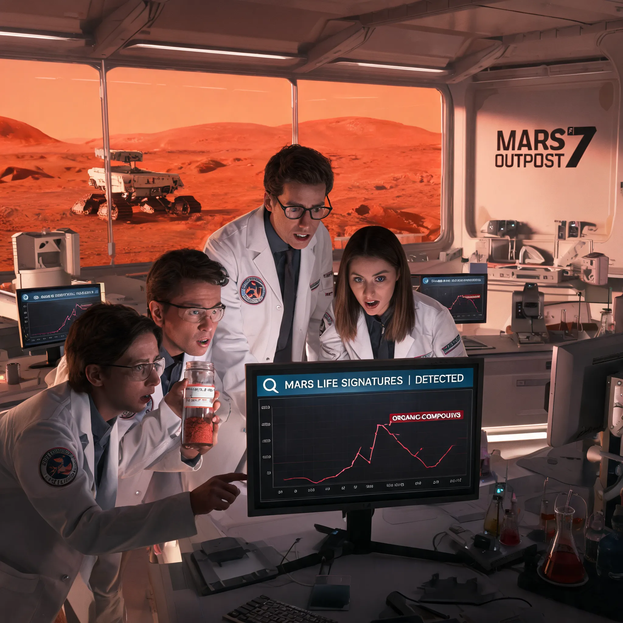 In a future Mars base, scientists strive to find signs of life, tense yet excited.