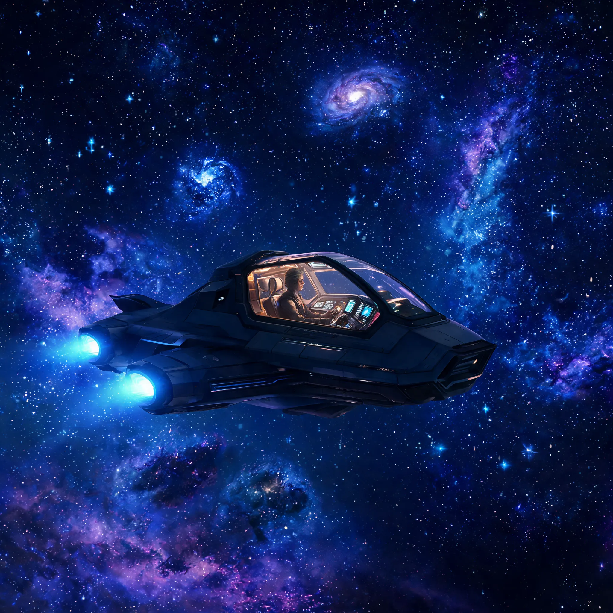 Under the silent night sky, an interstellar traveler pilots a spaceship, exploring unknown galaxies, filled with anticipation and mystery.
