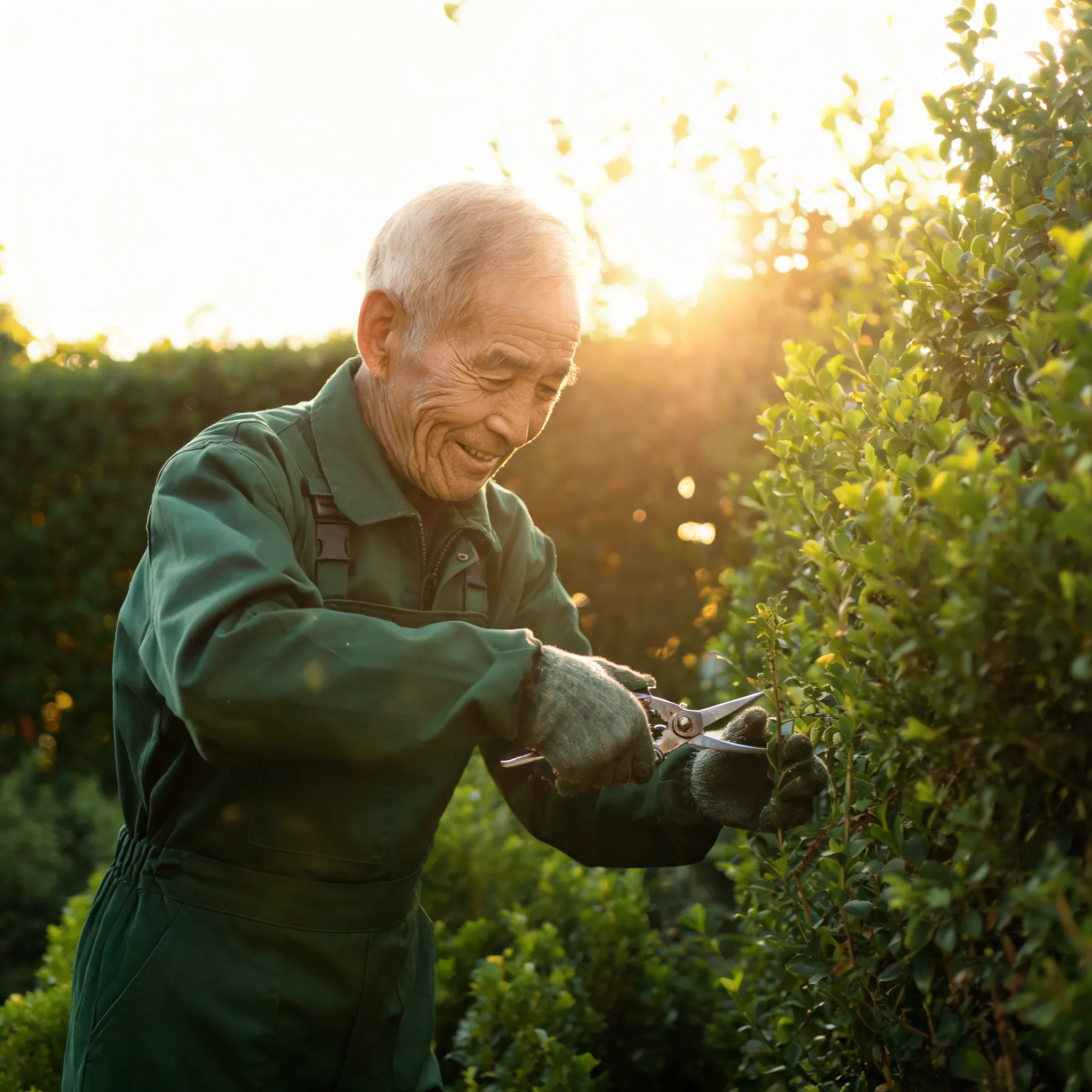 Old gardener trimming plants, wrinkled kind face, skilled pruning movements, green coveralls, silhouette in sunlight