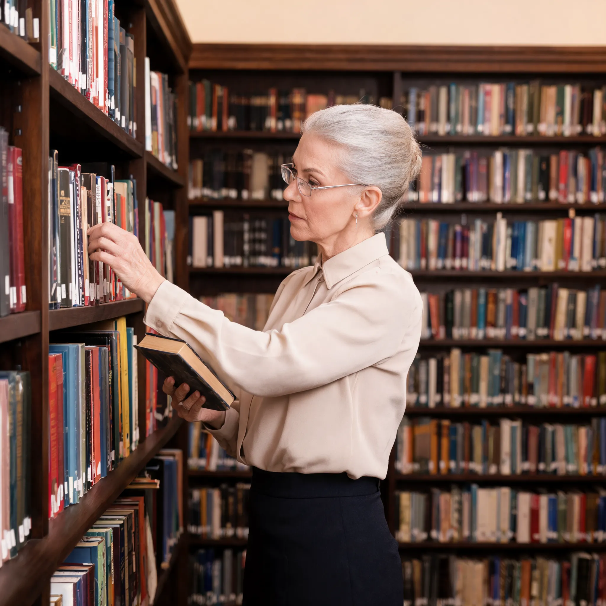 Elderly librarian organizing books between shelves, silver-framed glasses, elegant posture, focused gaze, neat attire