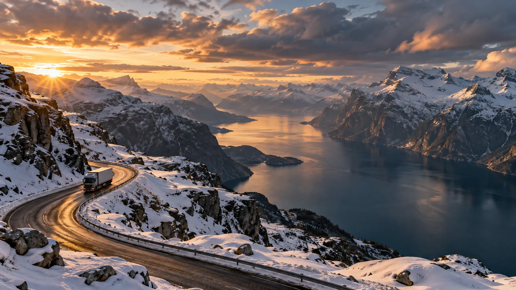 An epic landscape view from a snowy mountain pass in Norway, a lone truck driving on a winding road with deep, majestic fjords carved into the mountains below, dramatic clouds, golden hour lighting casting long shadows, serene and vast, photorealistic, 8k.