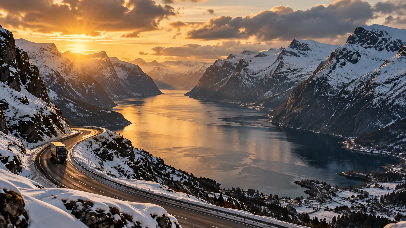 An epic landscape view from a snowy mountain pass in Norway, a lone truck driving on a winding road with deep, majestic fjords carved into the mountains below, dramatic clouds, golden hour lighting casting long shadows, serene and vast, photorealistic, 8k.