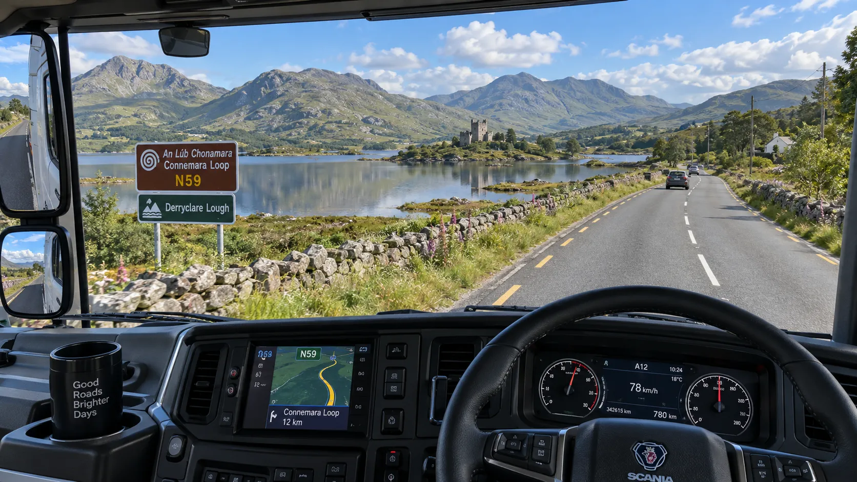 A scenic view from the driver`s seat of a truck on the N59 highway in Ireland, approaching the Connemara Loop, rolling green hills, a calm lake (Derryclare Lough) reflecting the sky, stone walls, an old castle in the distance, bright summer day, high detail.