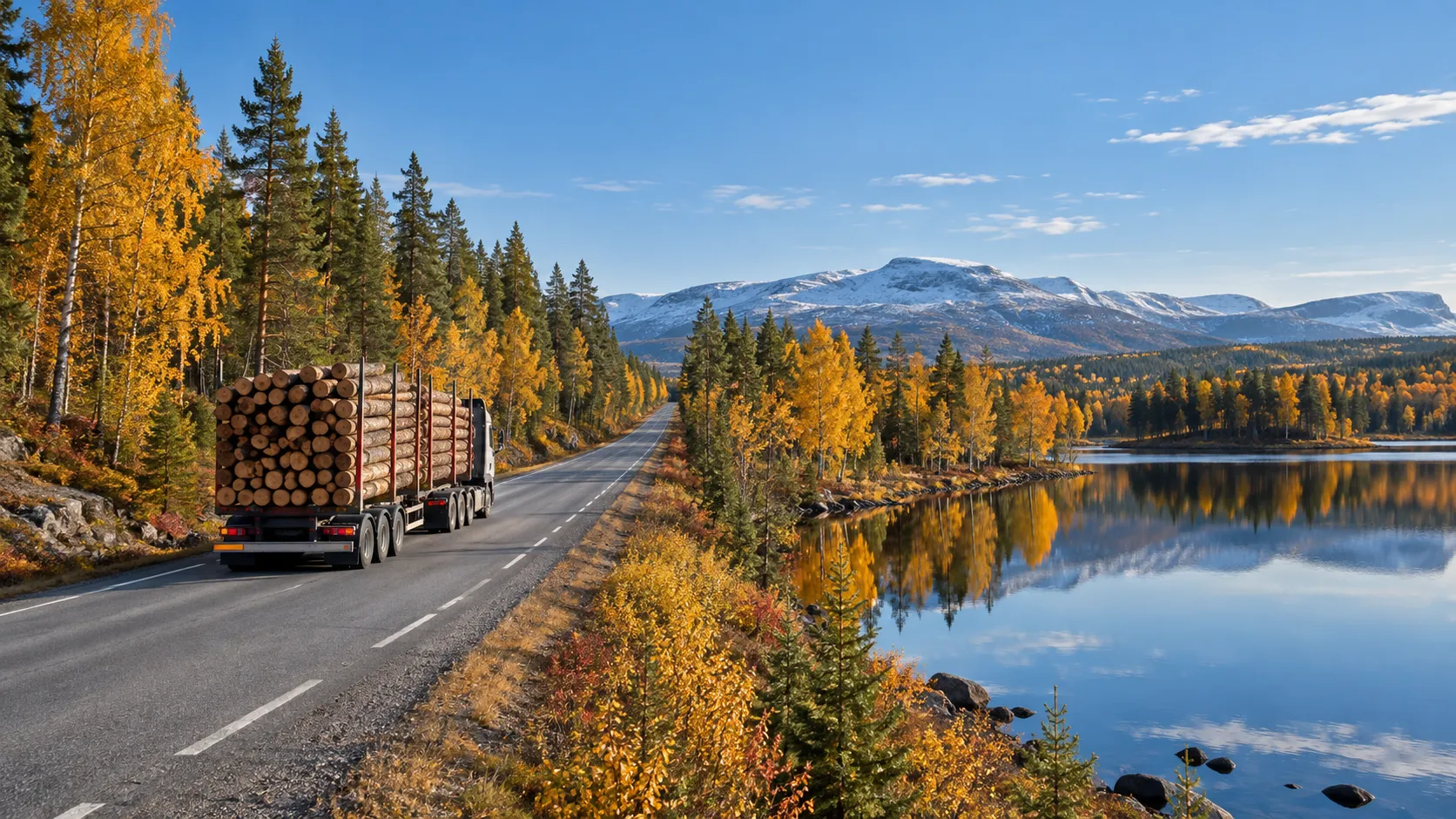 A truck hauling timber on a straight road through a dense forest of birch and pine in Swedish Lapland, vibrant autumn colors of orange and yellow, a glassy lake reflecting the trees, bright blue sky, peaceful and isolated atmosphere, 8k.