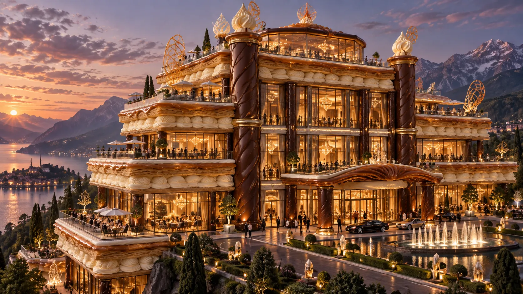 A spectacular architectural visualization of a luxury hotel entirely inspired by French pastry design. The main structure resembles an enormous mille-feuille with layered cream-colored terraces, chocolate-colored structural columns, caramel glass panels, and delicate sugar-like decorative elements. Tiny guests walk across balconies while warm interior lighting glows through hundreds of windows. Surreal but architecturally coherent, photorealistic materials, high-end architectural visualization.