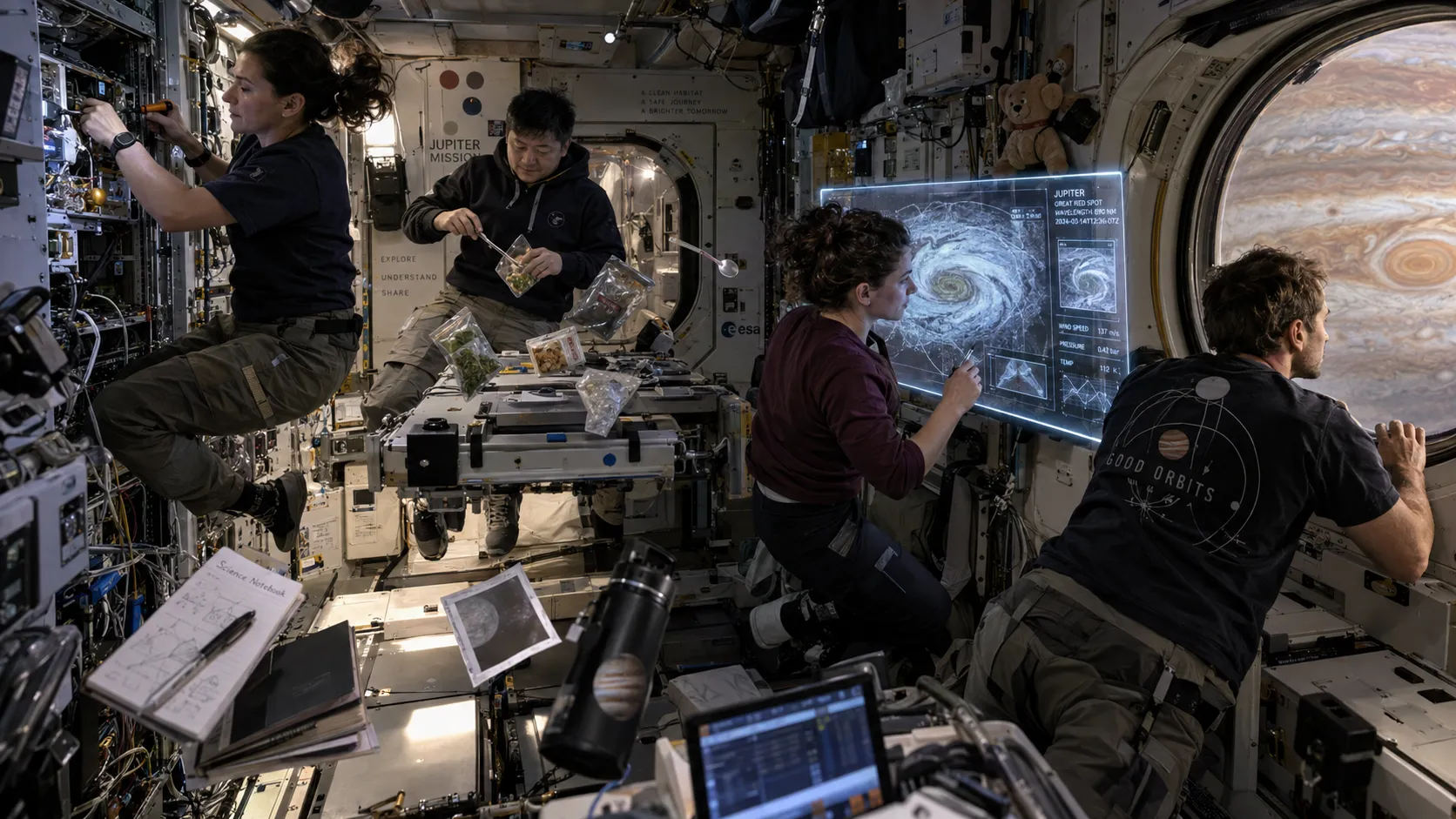 A realistic documentary photograph inside a long-duration spacecraft orbiting Jupiter. Four astronauts perform completely different activities inside a compact zero-gravity habitat: one repairs equipment, one prepares food using floating utensils, one studies a holographic scientific display, and another looks through a small observation window toward Jupiter's enormous storm system. Personal belongings, cables, notebooks, tools, food containers, and scientific instruments float naturally throughout the cabin. Hard science fiction realism, detailed environmental storytelling.