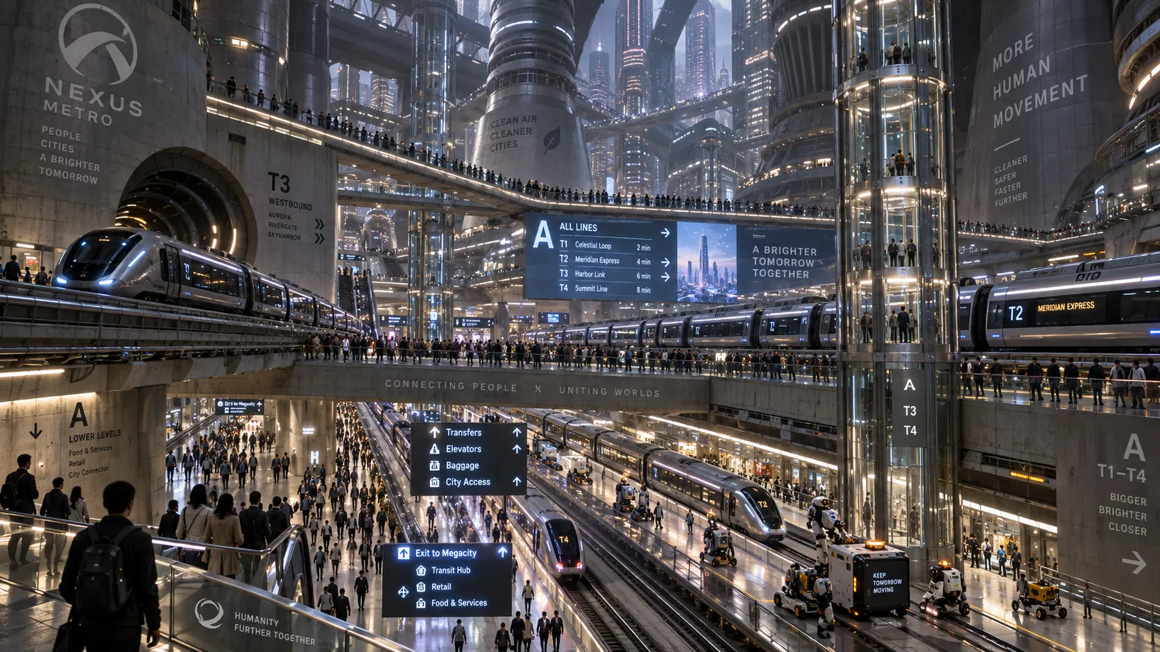 A gigantic underground transportation hub beneath a futuristic megacity. Multiple levels of autonomous trains move through enormous cylindrical tunnels while thousands of commuters navigate illuminated walkways above and below the platforms. Transparent elevators connect different floors, digital navigation signs float in the air, maintenance robots work beside the tracks, and giant ventilation structures disappear into the ceiling. Dense cyber-futuristic architecture, realistic crowd behavior, cinematic wide-angle photography.
