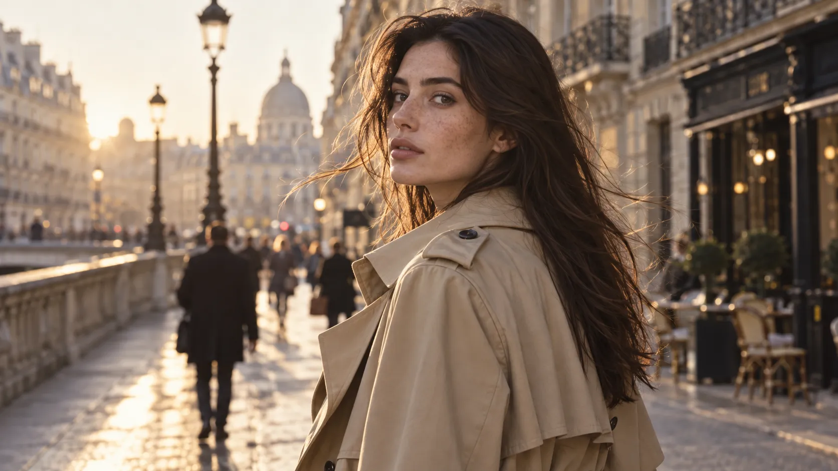 A high-fashion editorial portrait of a young French woman with natural freckles, long dark brown hair, and elegant minimalist style. She wears a tailored beige trench coat and stands on a quiet Parisian street during early morning. Soft golden sunlight reflects from historic buildings, gentle wind moves her hair naturally, and pedestrians blur in the background. Shot with a professional medium format camera, 85mm lens, shallow depth of field, luxury fashion magazine photography, realistic skin texture, cinematic color grading.