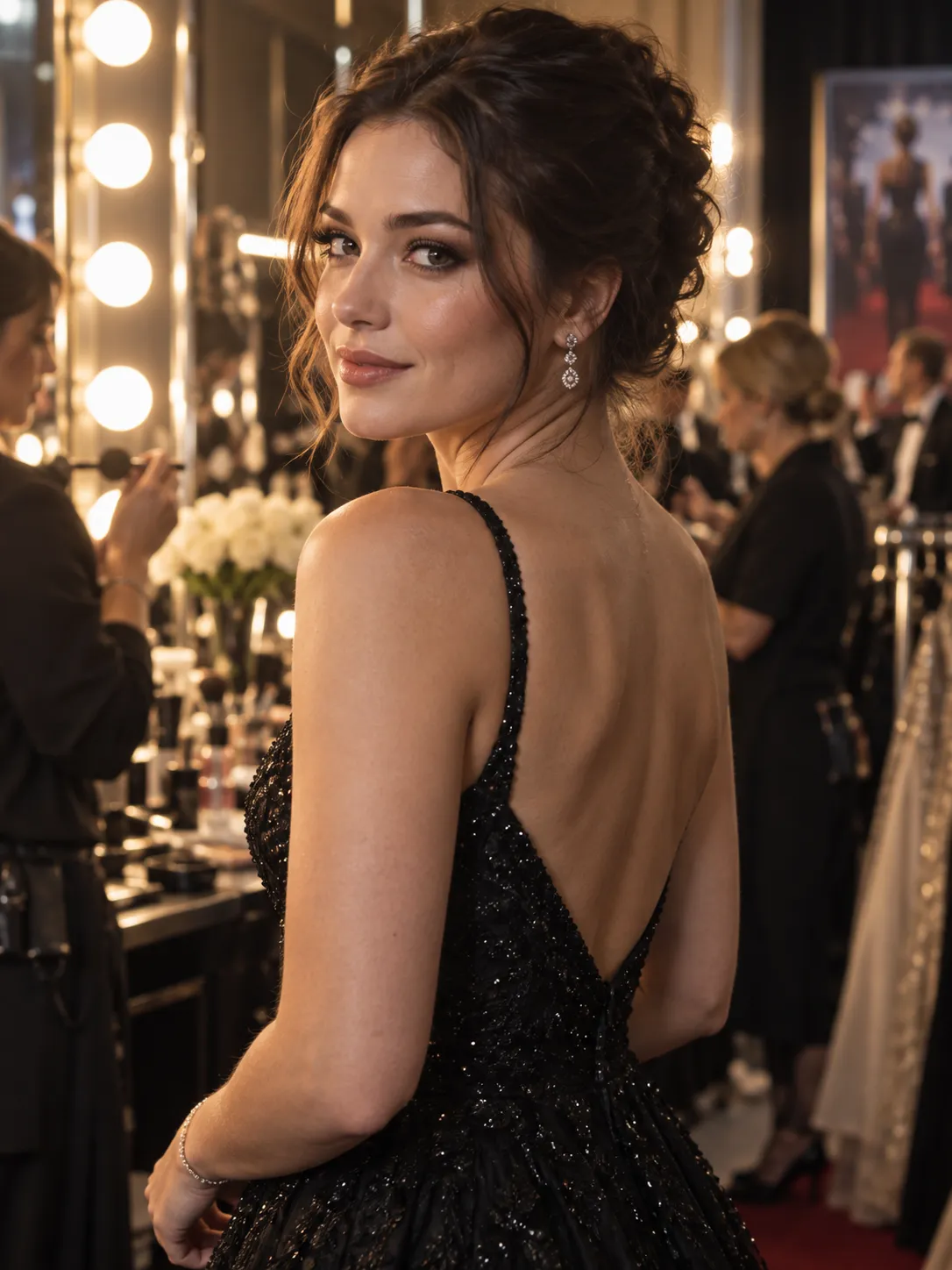 A cinematic portrait of a young American actress preparing backstage before a movie premiere. She wears an elegant black evening gown with subtle jewelry, professional makeup, and a confident expression. Makeup artists and mirrors appear softly blurred behind her, warm backstage lighting creates a luxurious atmosphere. Shot on a cinema camera, 50mm lens, Hollywood portrait photography, realistic details, premium magazine style.