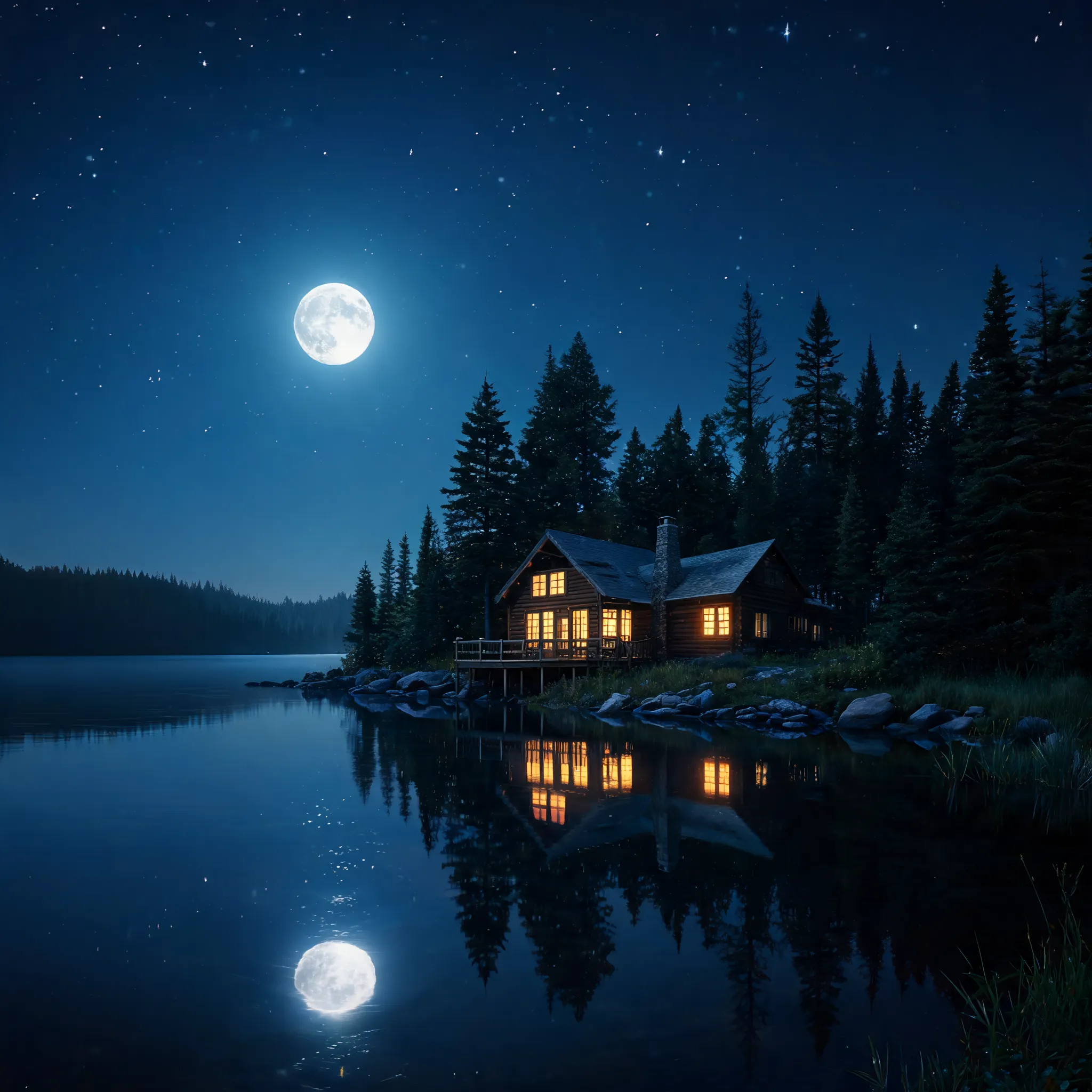 Moonlit lakeside cabin