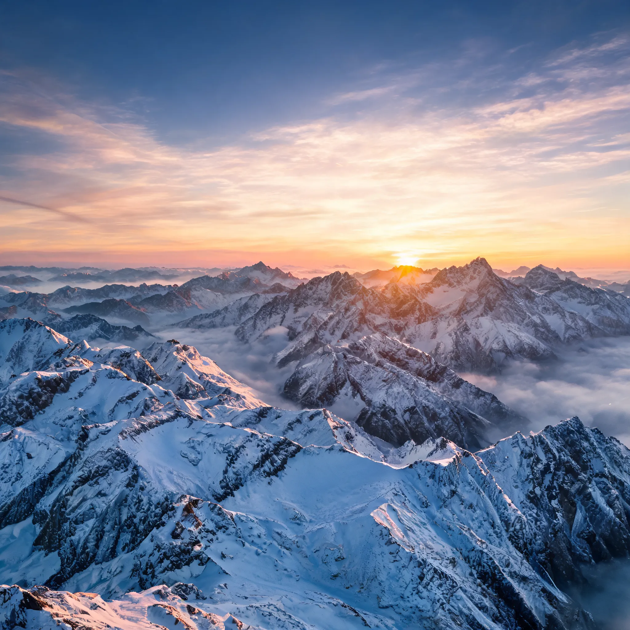 Photorealistic mountain sunrise, snow-covered peaks, crisp morning atmosphere, dramatic lighting, extreme detail, aerial perspective, professional landscape photography