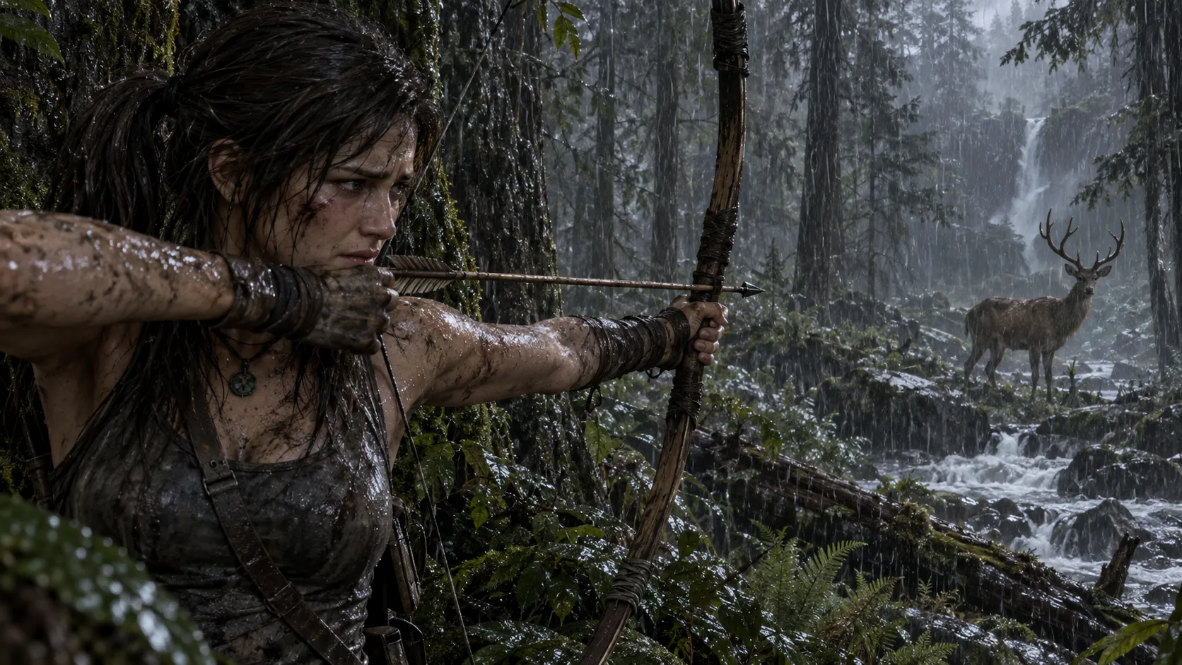 A cinematic shot of a young, bruised Lara Croft, grasping a makeshift bow, aiming at a deer in a dense, rainy forest. The scene captures the raw, emotional moment of her first kill for survival, her expression a mix of remorse and necessity; heavy rain, mud, deep focus, photorealistic, dramatic mood.