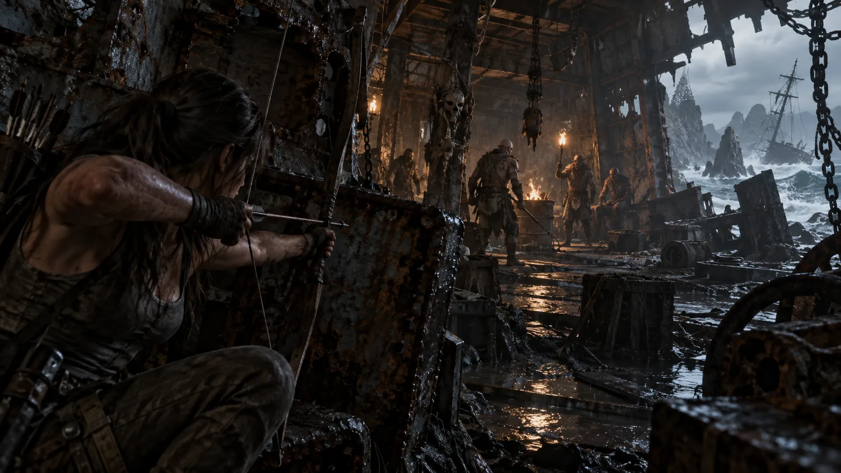 Lara crouched in the shadows of a derelict, abandoned shipwreck on the coast of Yamatai. She is silently watching a group of hostile, crazed scavengers from behind cover; her bow drawn, ready to strike. Cluttered with debris, rust, and water; tense, dark atmosphere, gritty art style.
