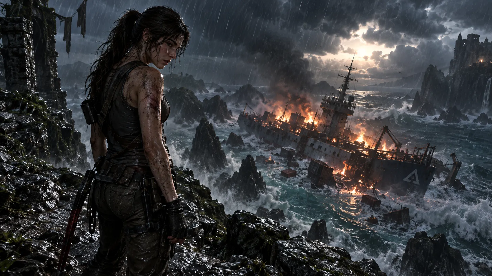A dramatic, wide-angle shot of Lara Croft standing on a cliff edge, overlooking the fiery wreckage of her ship, the Endurance, in the stormy sea below. Rain pours down on her, her hair and clothes soaked; she looks defeated but resolute. Epic, cinematic, dark and moody, high contrast, stormy weather.