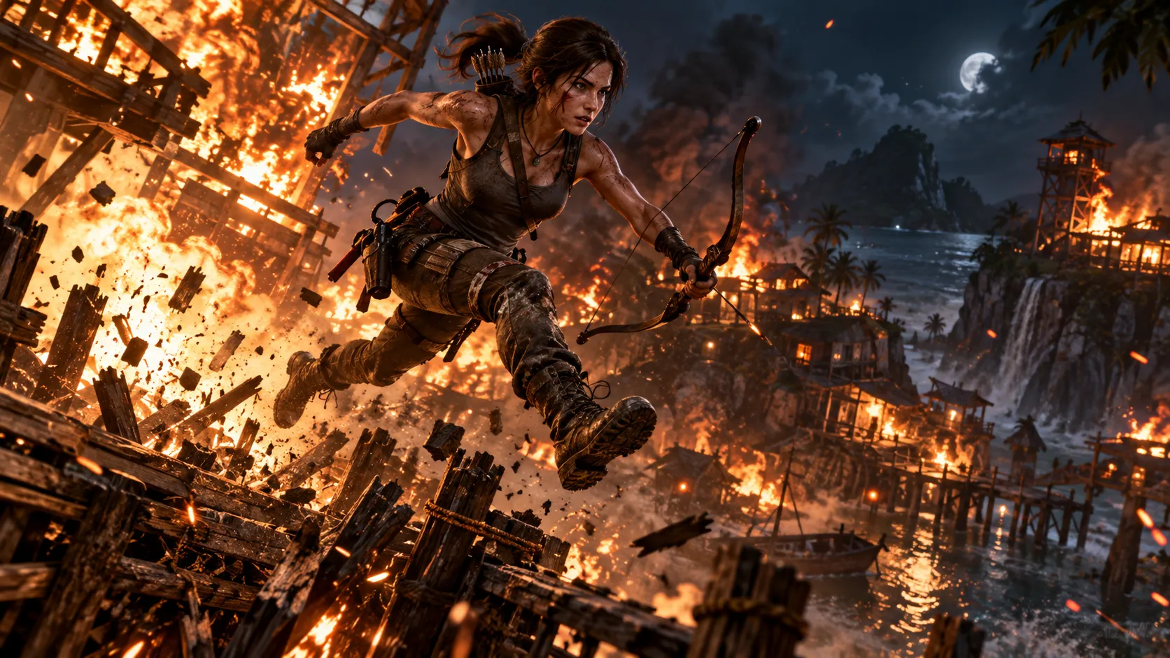 An action scene of Lara sprinting through a burning village on the island, leaping over a collapsing structure. She is clutching her bow, her face smeared with dirt and blood, explosions and debris in the background. Dynamic pose, intense action, glowing fire against the dark night.