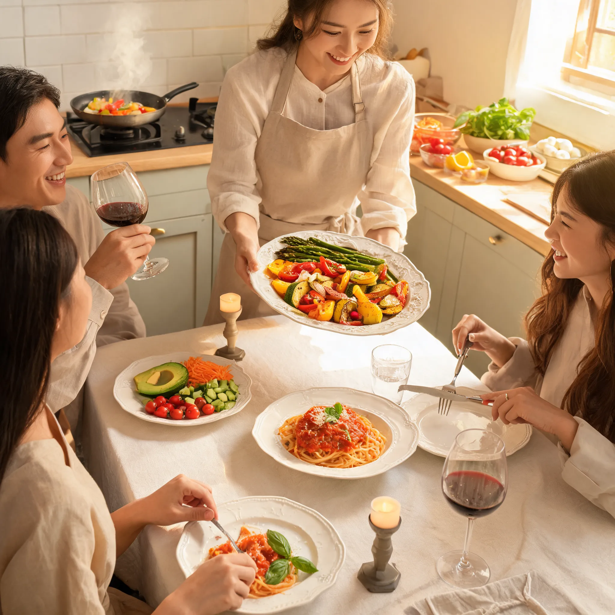 Elegant dining plates, colorful ingredients, cooking scenes, joyful dining atmosphere
