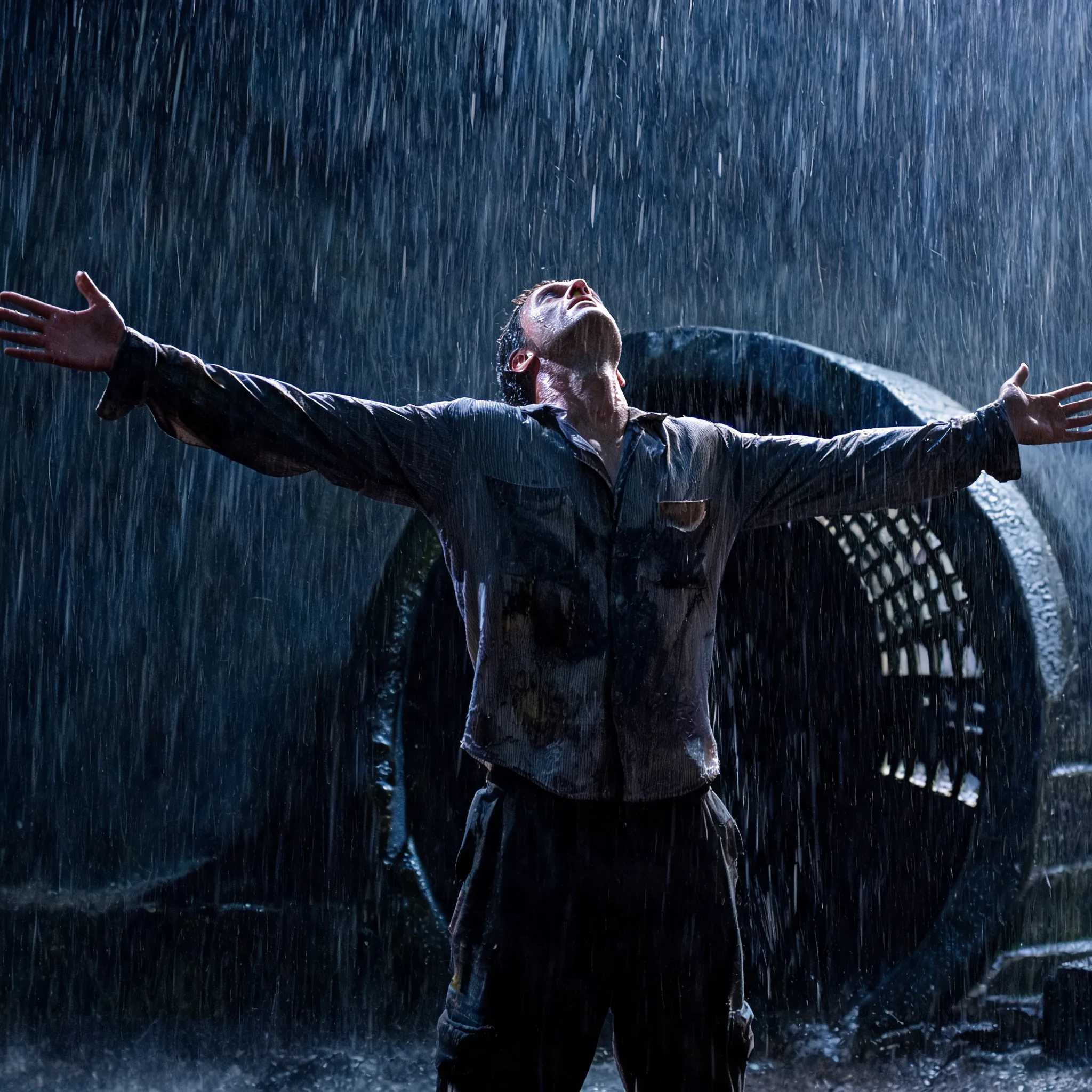 Arms outstretched after escape in The Shawshank Redemption