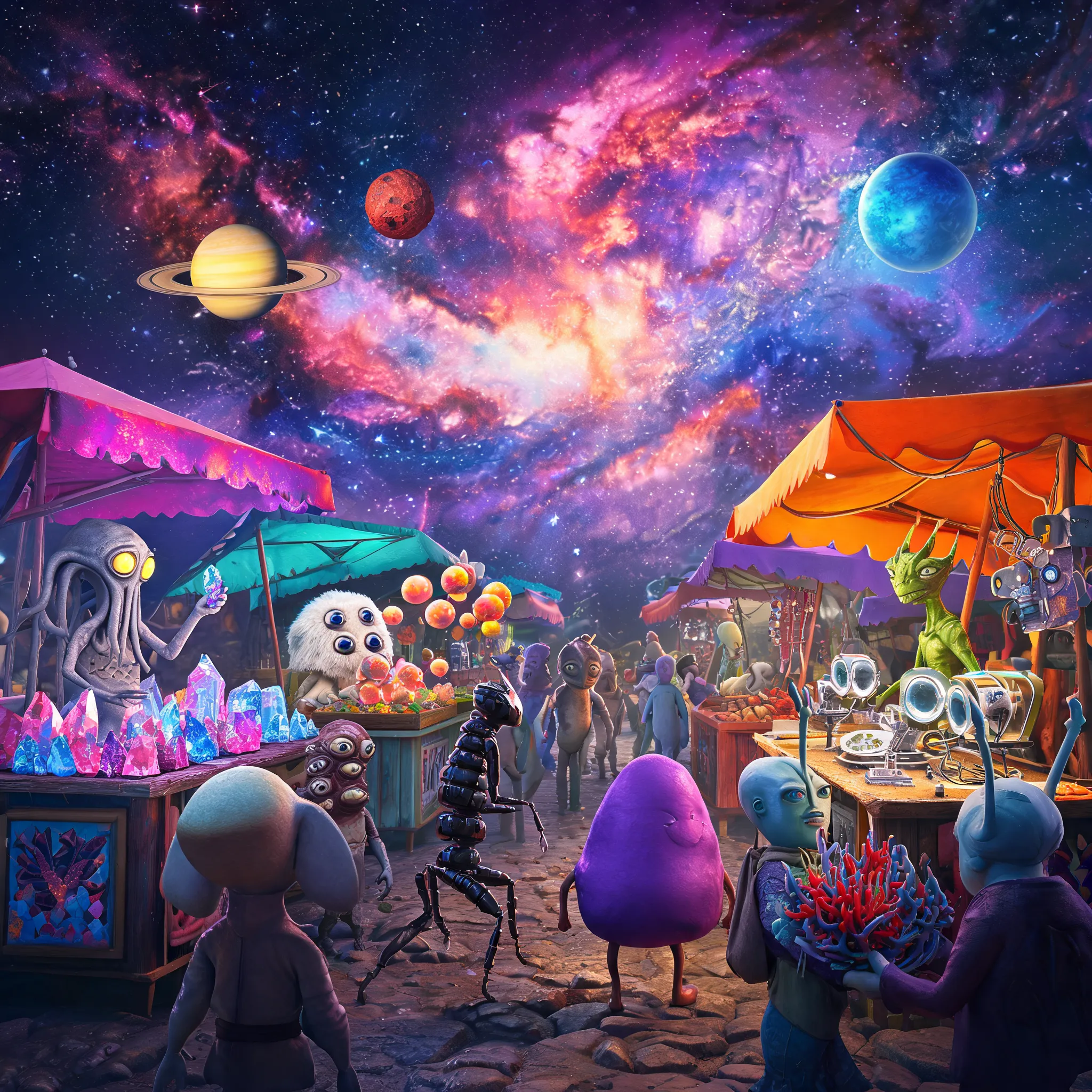 A busy alien marketplace with various strange extraterrestrial beings moving between stalls, selling an array of intergalactic goods, with colorful nebulae and planets in the background.