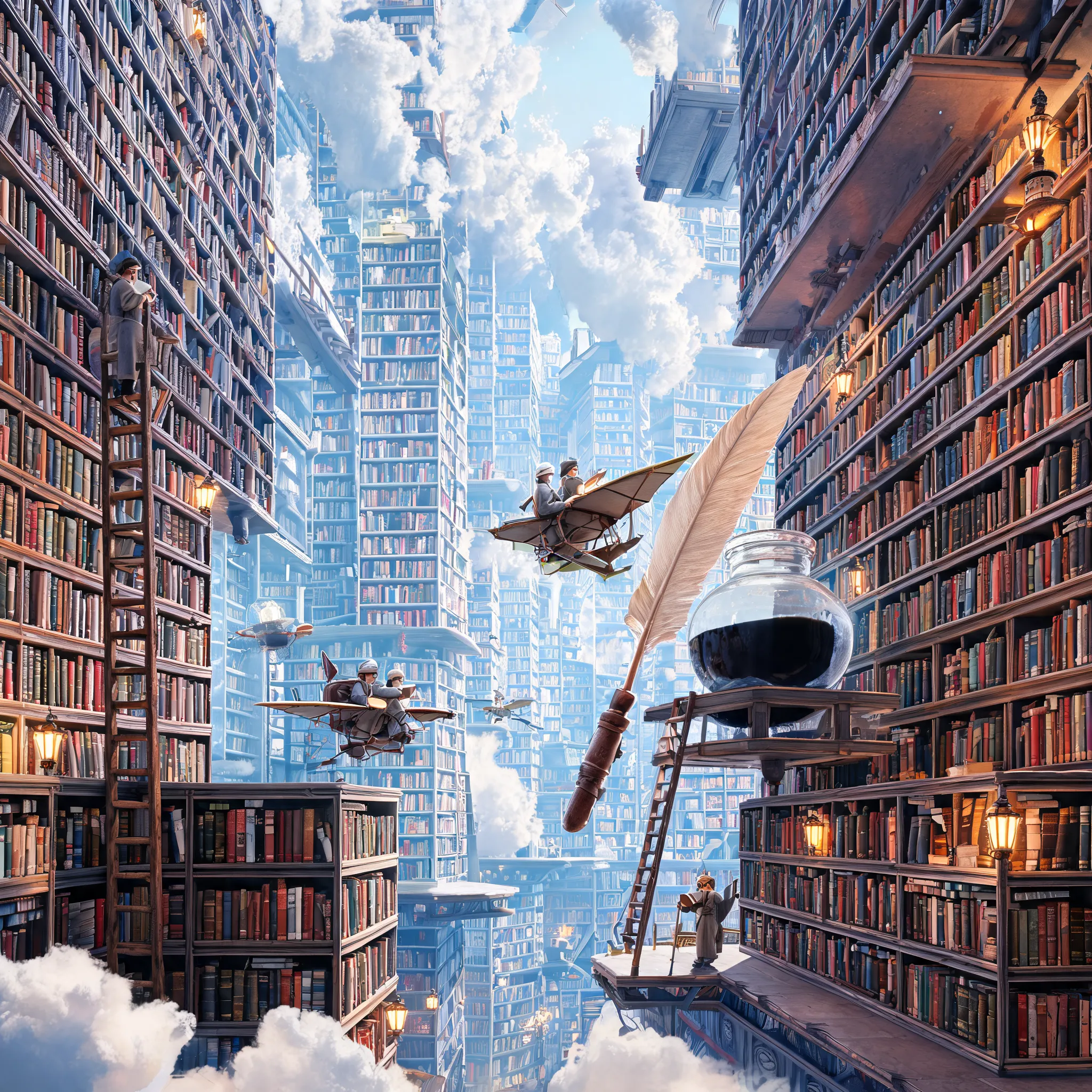 An enormous library with bookshelves reaching the clouds, tiny human scholars moving about on ladders and flying contraptions, decorated with giant quills and ink bottles.