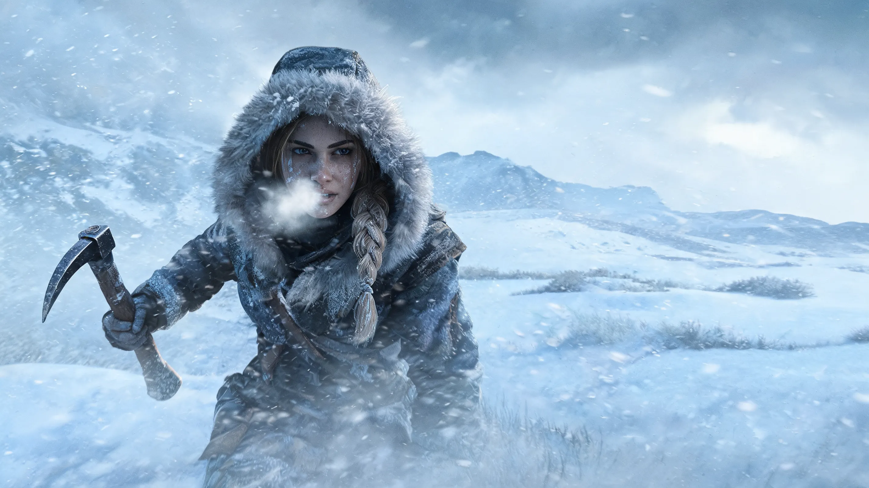 Lara Croft trekking through a vast Siberian snowstorm, worn climbing axe in hand, fur-lined hood, frost on her braid, cinematic lighting, hyper-realistic, 8k, cold blue tones, breath visible in freezing air