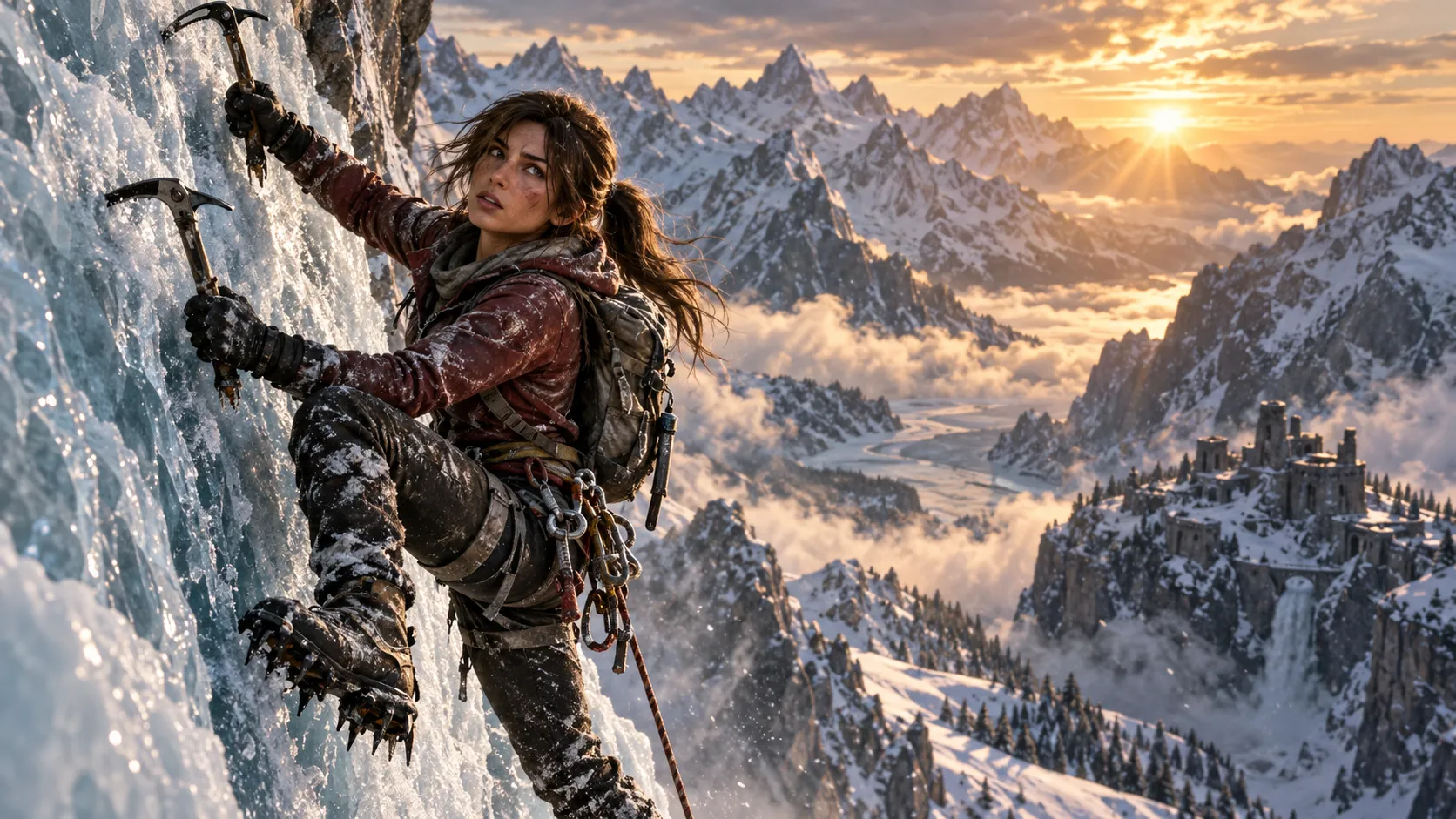 Lara Croft scaling a sheer ice cliff with dual climbing axes, snow-covered peaks in background, dramatic golden hour light, realistic gear details, action pose, movie poster composition
