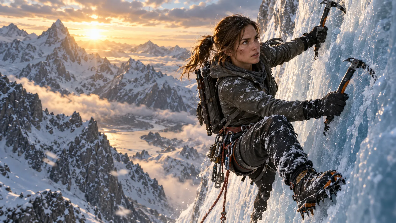 Lara Croft scaling a sheer ice cliff with dual climbing axes, snow-covered peaks in background, dramatic golden hour light, realistic gear details, action pose, movie poster composition