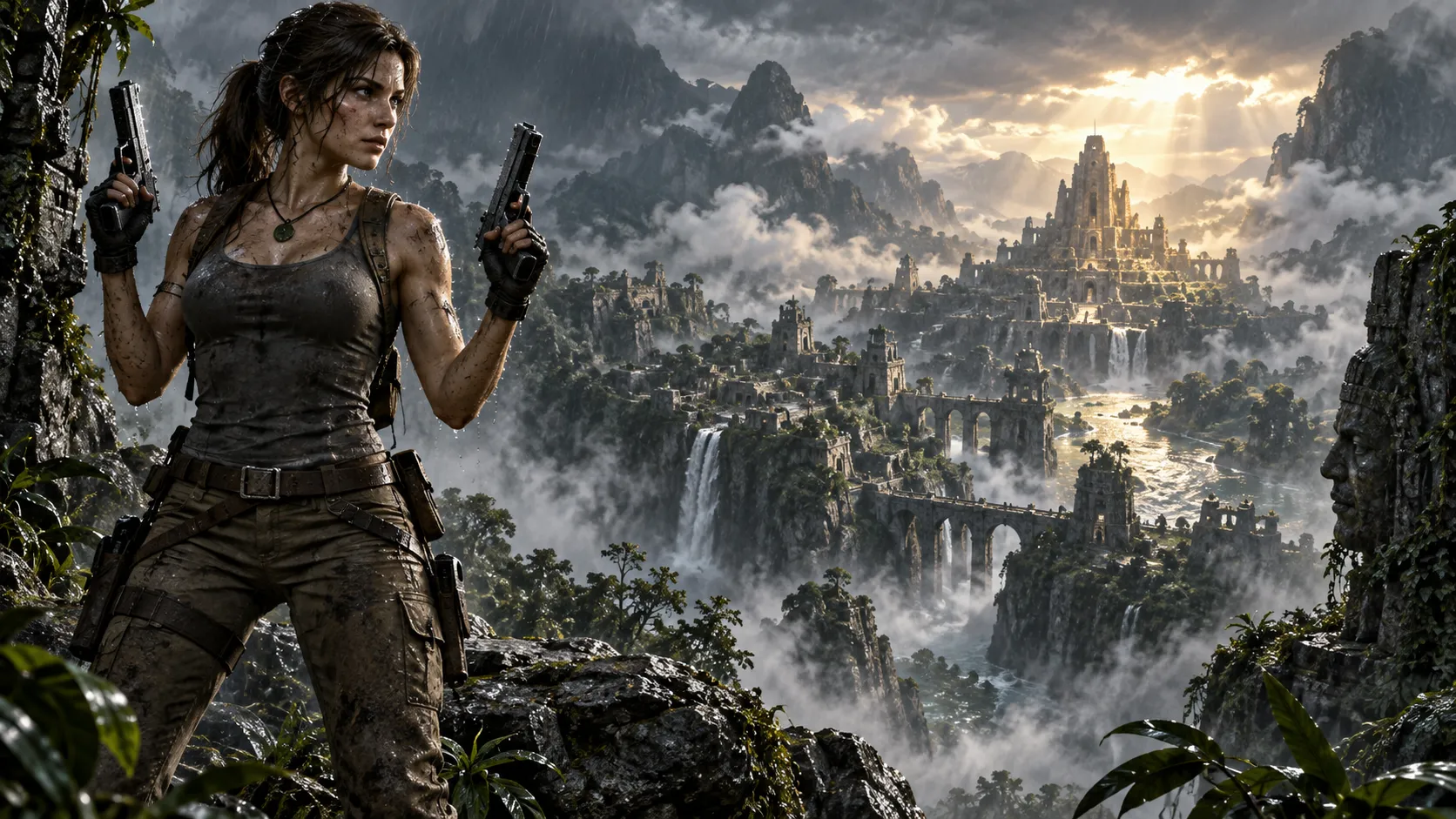 Lara Croft in her iconic tank top and cargo pants, dual pistols raised, standing on a cliff overlooking a lost city, rain and mist, determined expression, modern cinematic reboot style, hyper-detailed