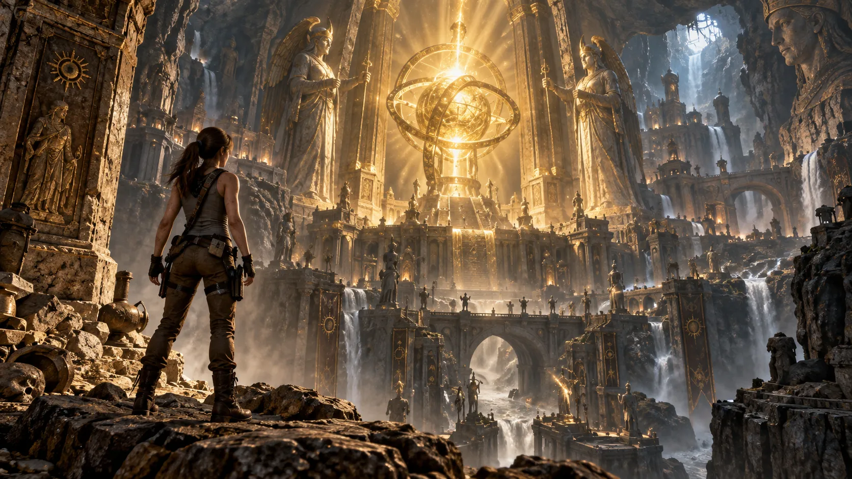Lara Croft before a glowing ancient artifact in a vast underground chamber, immortals' architecture, golden light, awe-inspiring scale, epic fantasy realism, detailed environment concept art