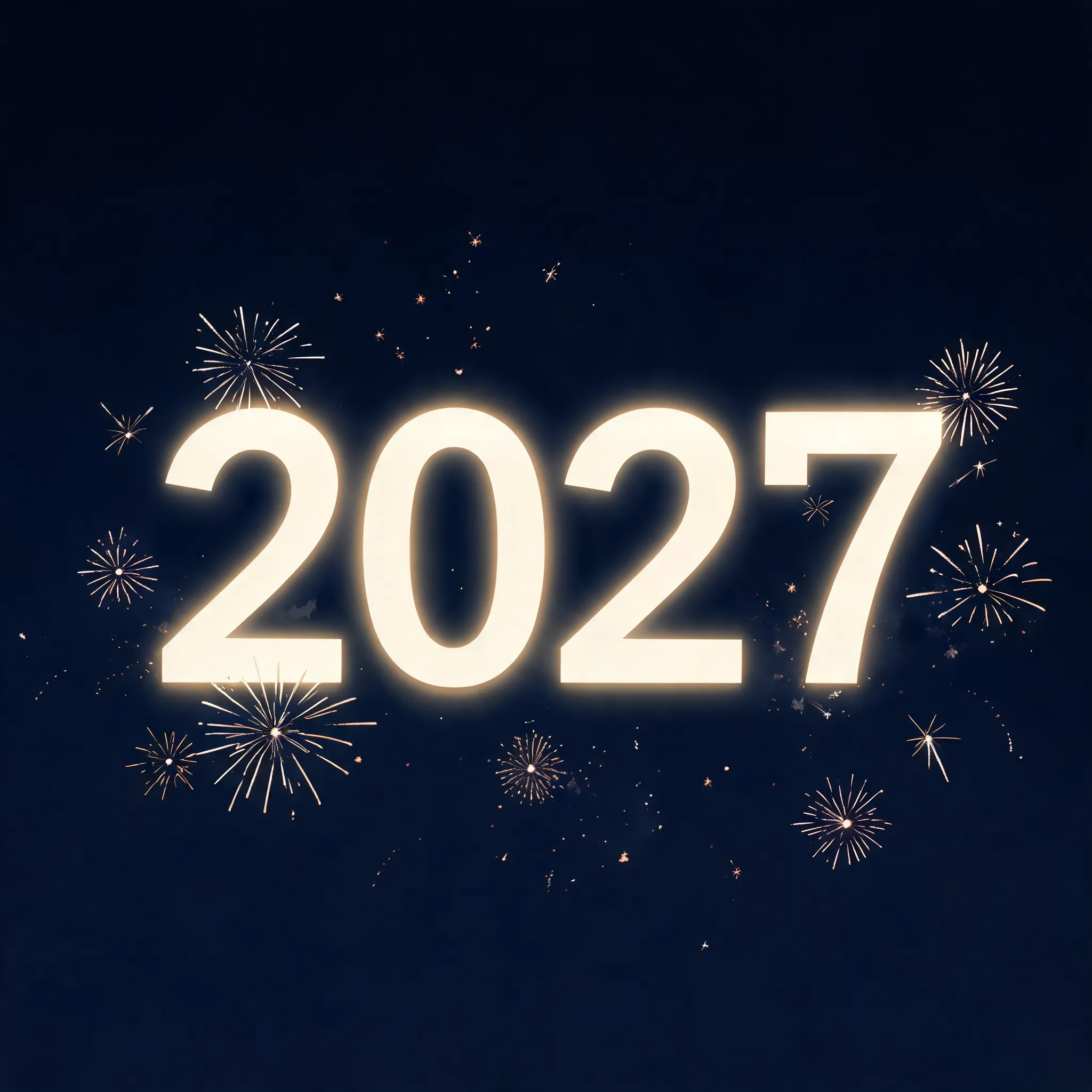 A large number 2027 surrounded by minimalist firework designs