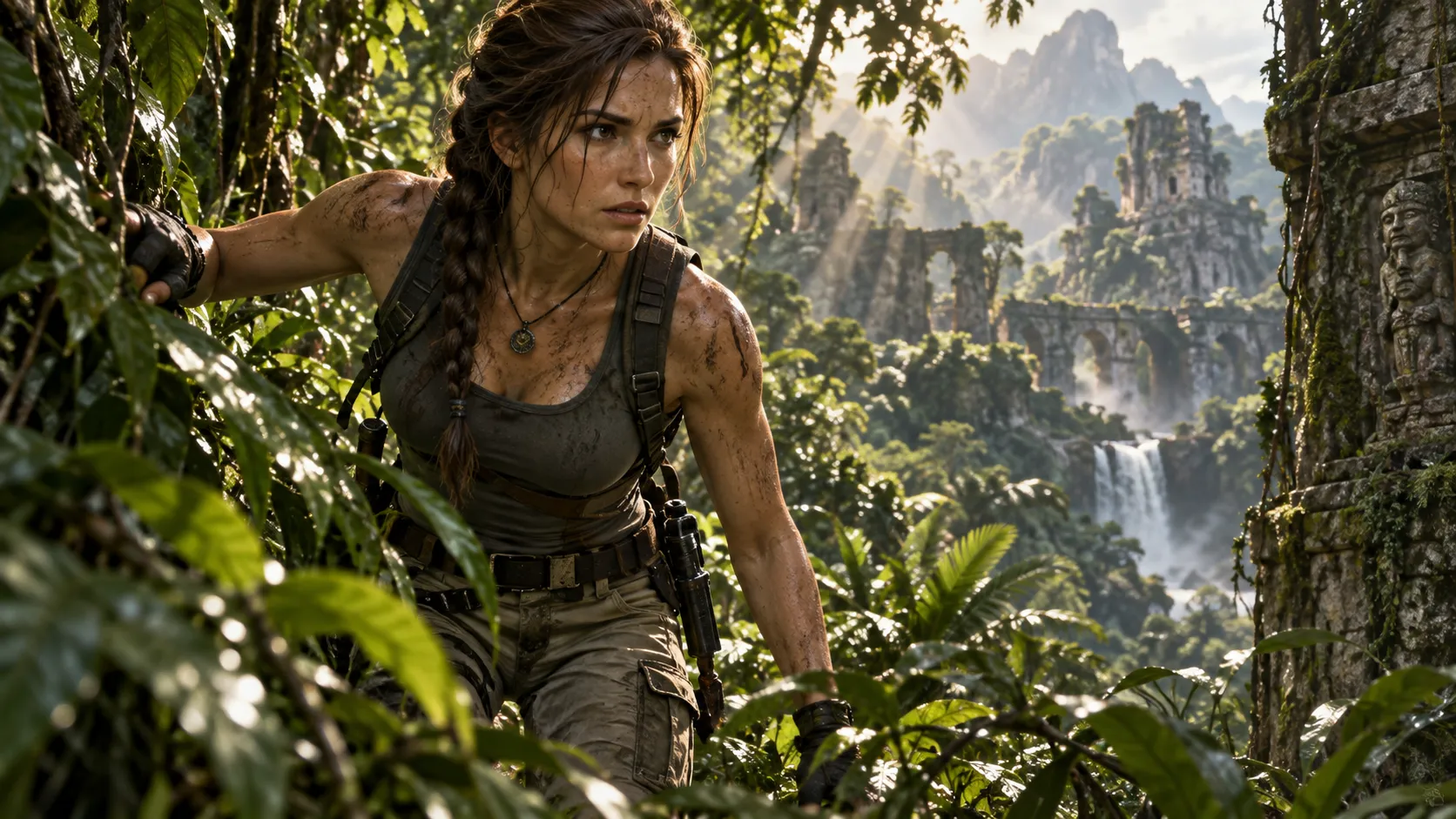 A determined female adventurer with a braid, wearing a tactical tank top and cargo pants, pushing through dense rainforest foliage, ancient stone ruins barely visible in the background, dappled sunlight, cinematic lighting, hyper-realistic, Uncharted-style concept art.