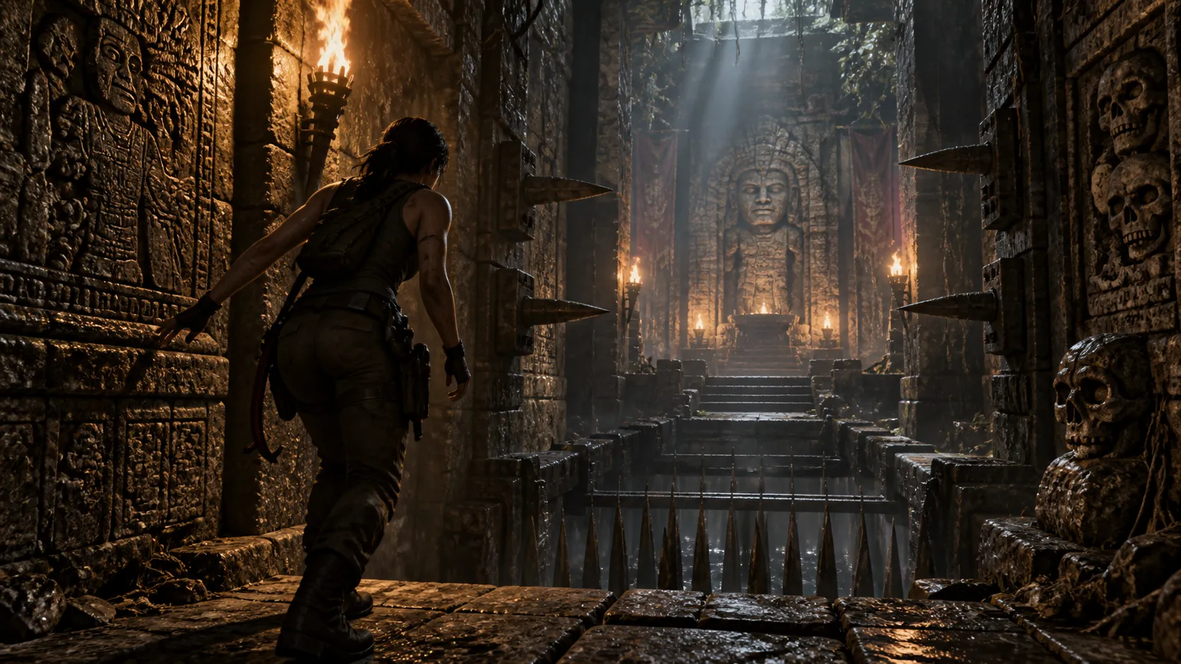 A dark ancient Mayan tomb corridor with spike traps, crumbling stone walls, flickering torchlight, a female explorer silhouette cautiously stepping forward, dust particles in the air, volumetric god rays, moody atmospheric lighting, photorealistic.