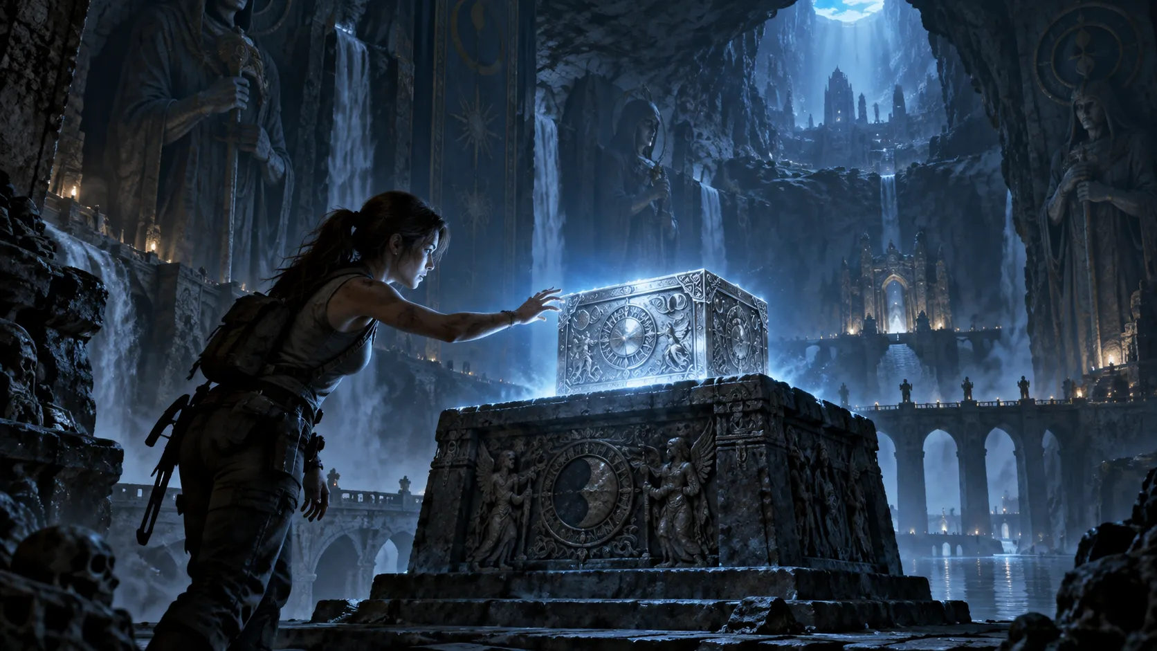A vast underground chamber with a glowing silver box on a stone pedestal, intricate carvings, eerie blue light, a female explorer reaching toward it, sense of foreboding, dramatic chiaroscuro lighting, cinematic concept art.